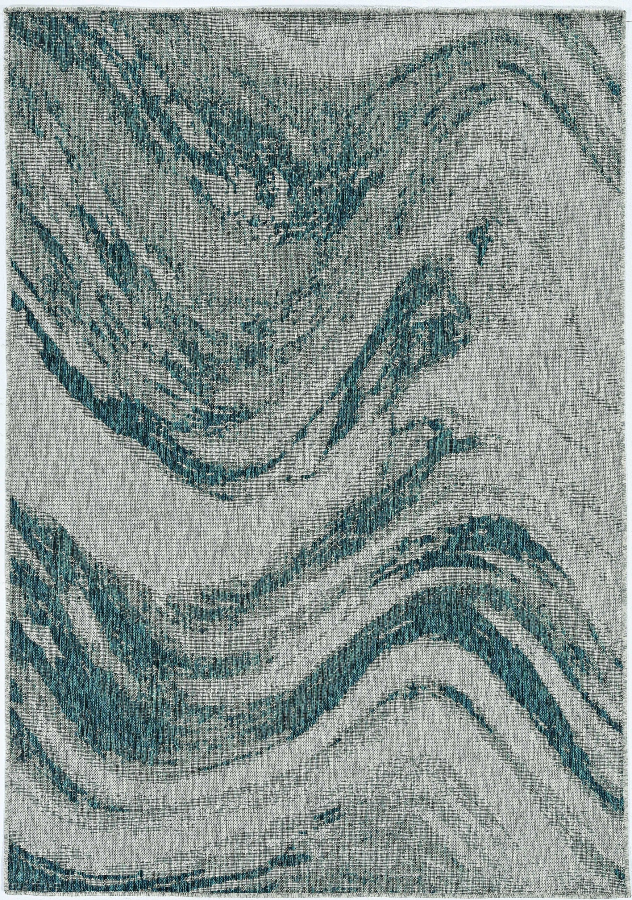 5x8 Grey and Teal Abstract Waves Rug showcasing contemporary design and durable material, perfect for indoor and outdoor use.