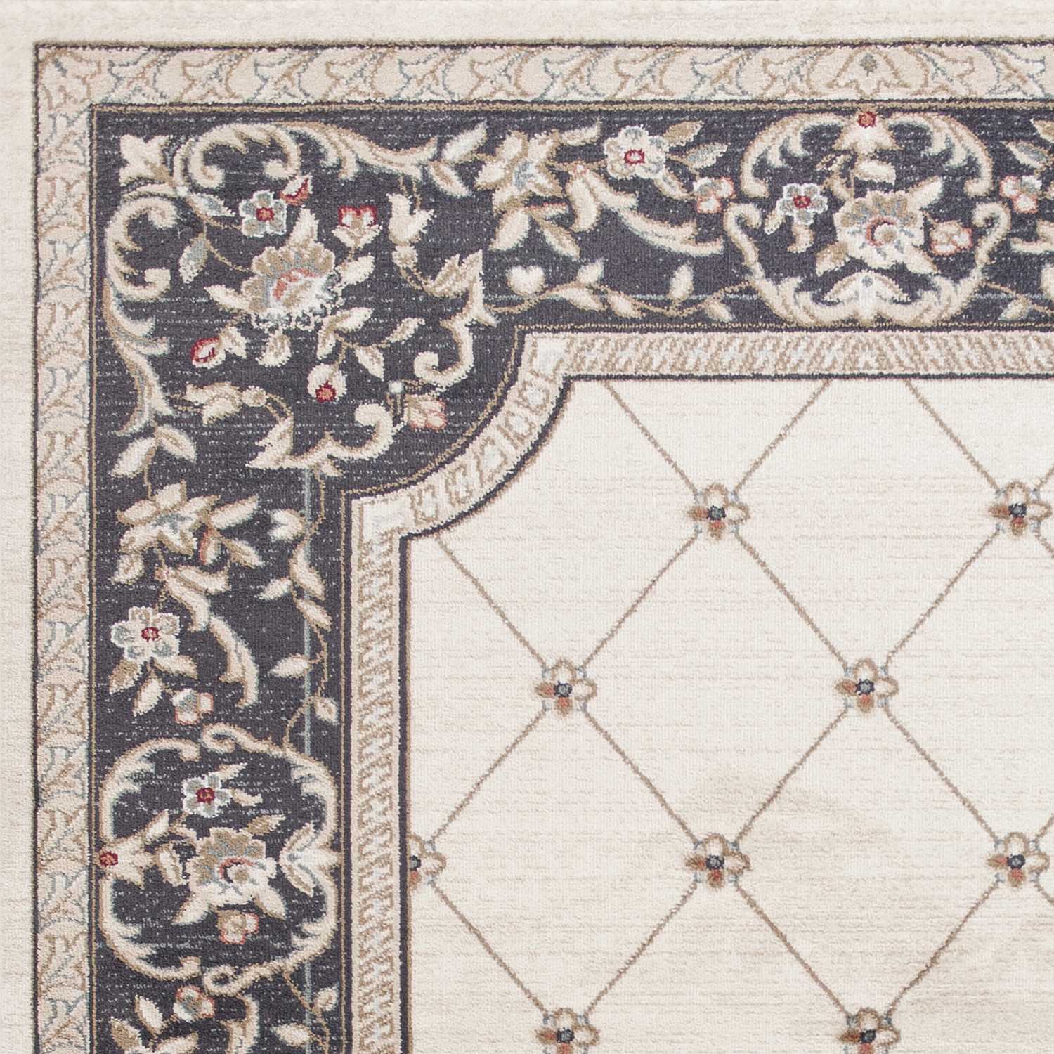 5 inches x 8 inches ivory and grey diamond bordered area rug, showcasing a modern design with a diamond border pattern.