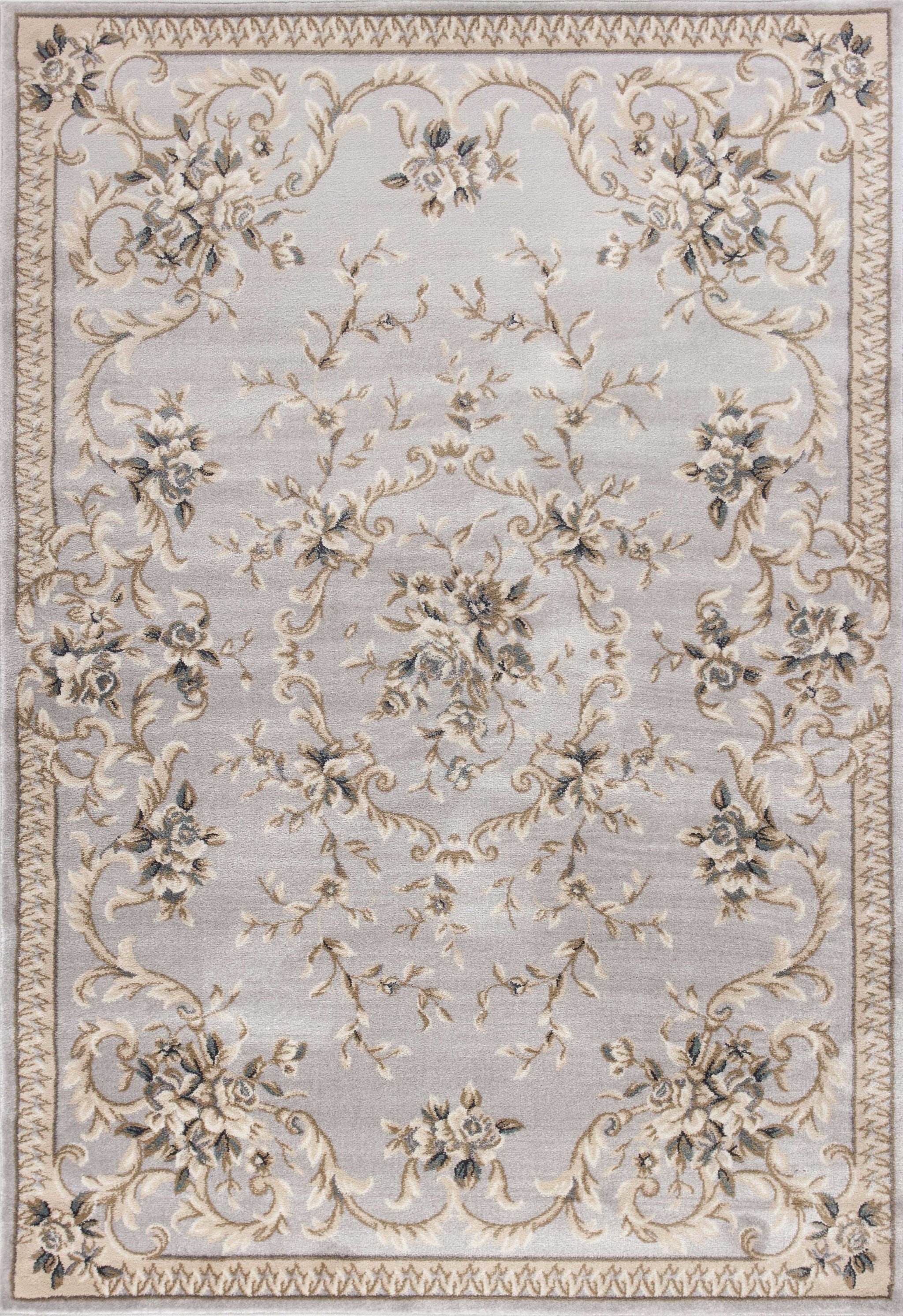 Light grey floral vines bordered area rug, showcasing elegant floral patterns and a modern design, perfect for enhancing home decor.