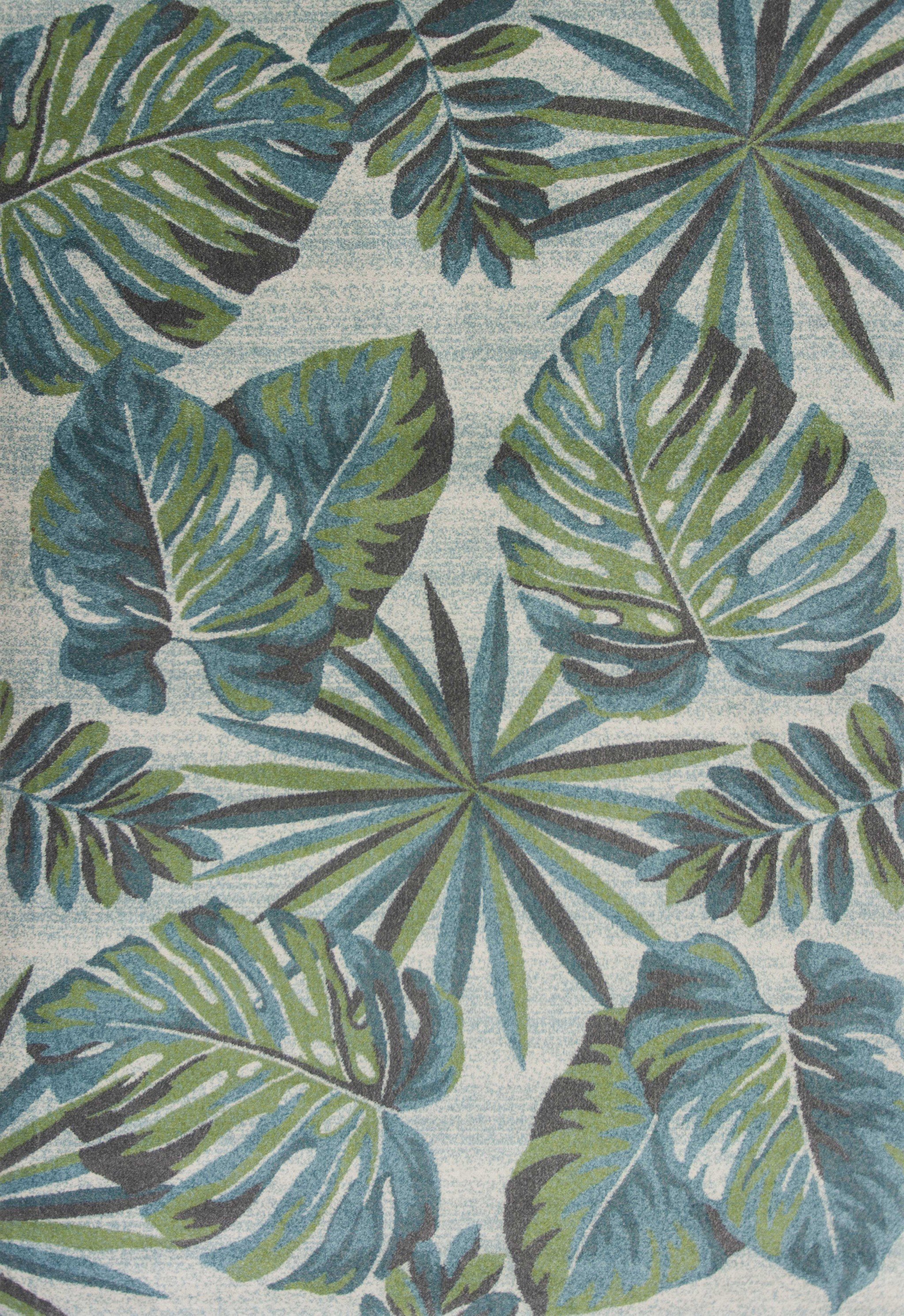 5x8 teal and green tropical leaves indoor area rug, showcasing vibrant colors and intricate leaf patterns, perfect for modern home decor.