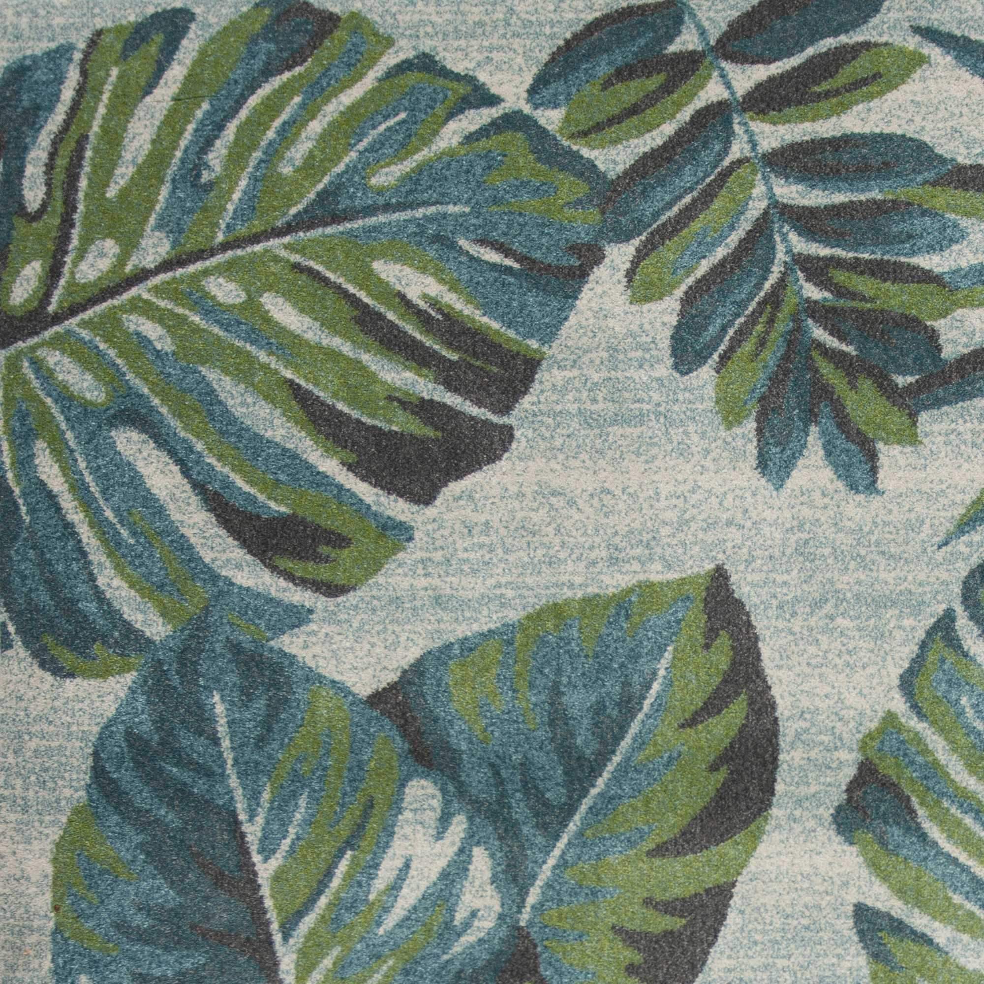 5x8 teal and green tropical leaves indoor area rug, showcasing vibrant colors and intricate leaf patterns, perfect for modern home decor.