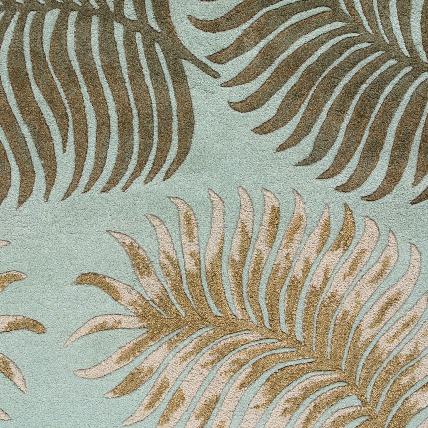 5x8 wool aqua area rug with modern fern design, hand-tufted in India, showcasing elegant aqua blue color.