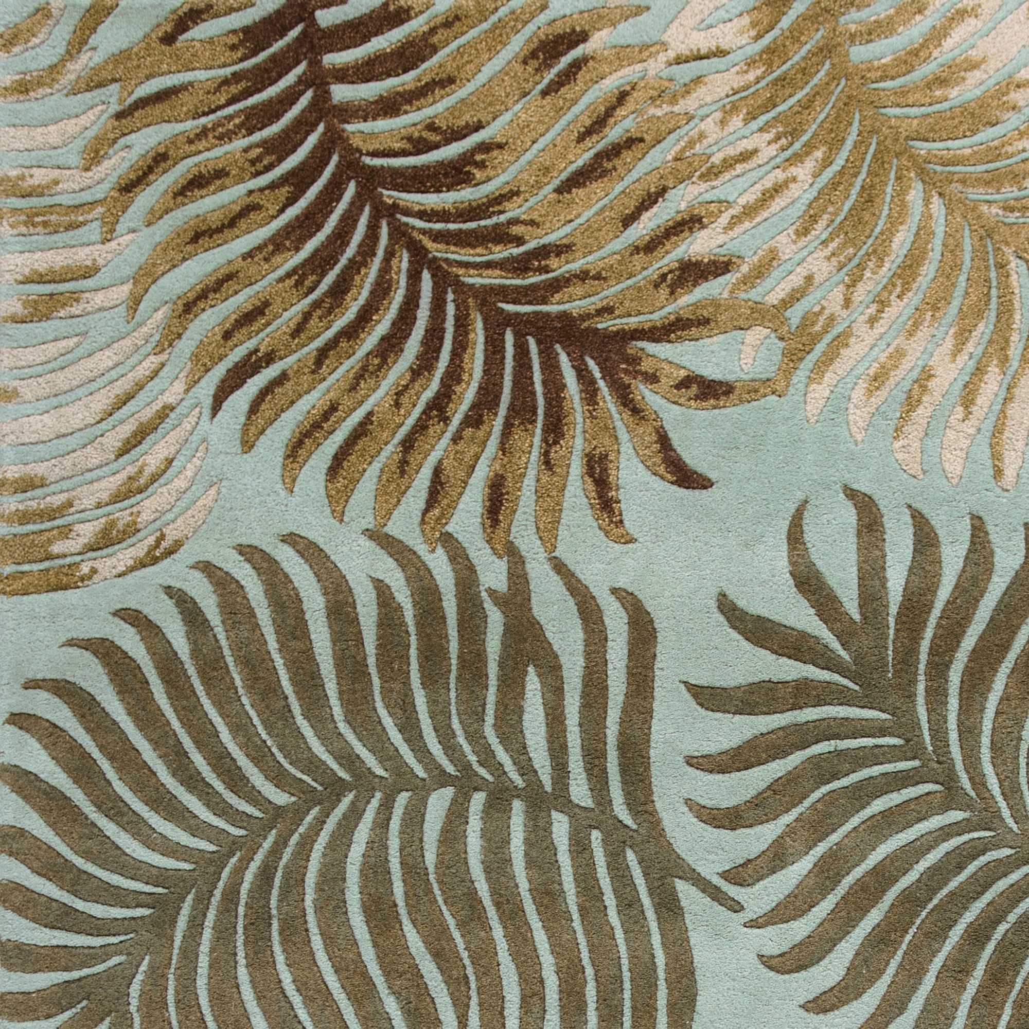 5x8 wool aqua area rug with modern fern design, hand-tufted in India, showcasing elegant aqua blue color.