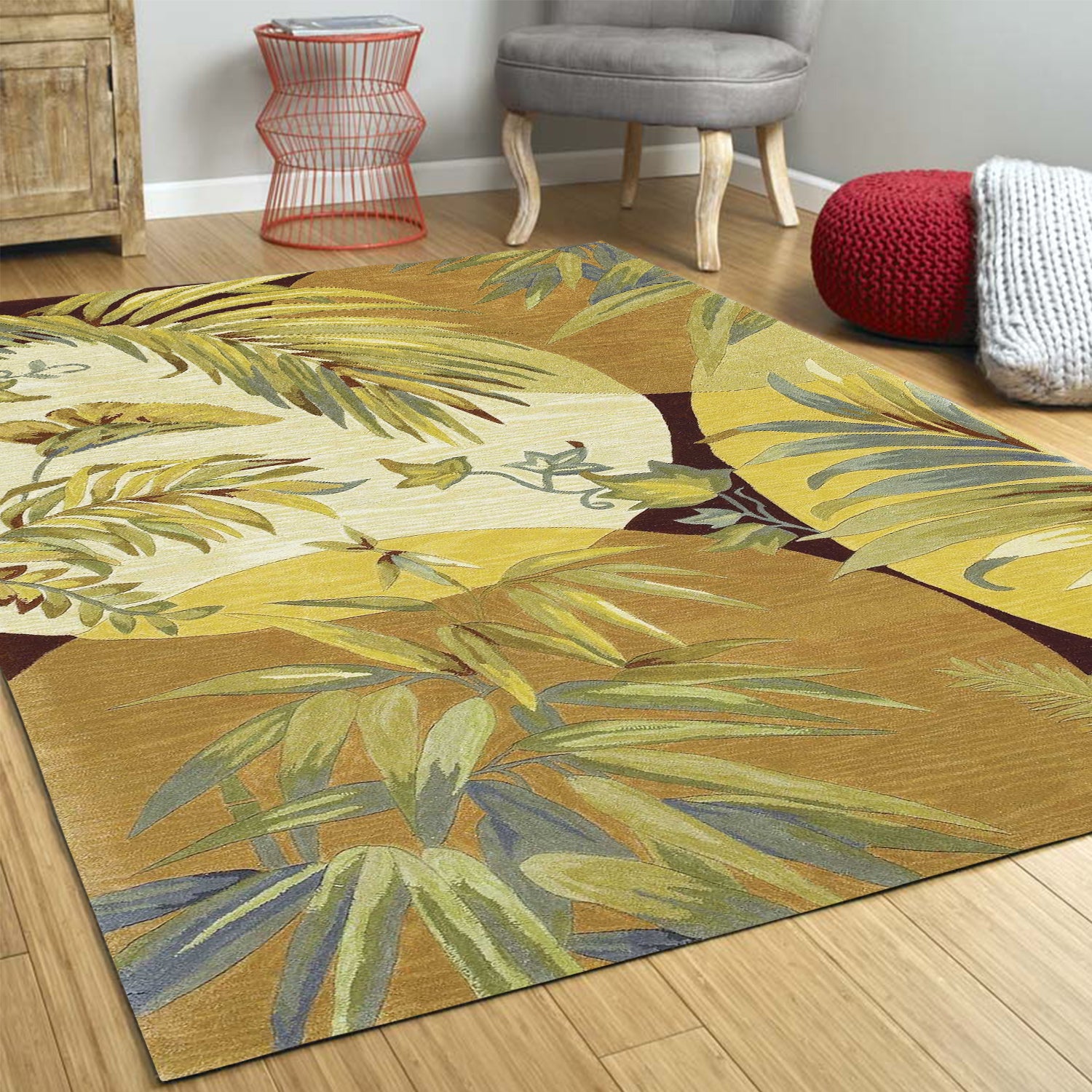 5x8 wool area rug in coral and ivory colors, featuring floral designs, perfect for contemporary living spaces.