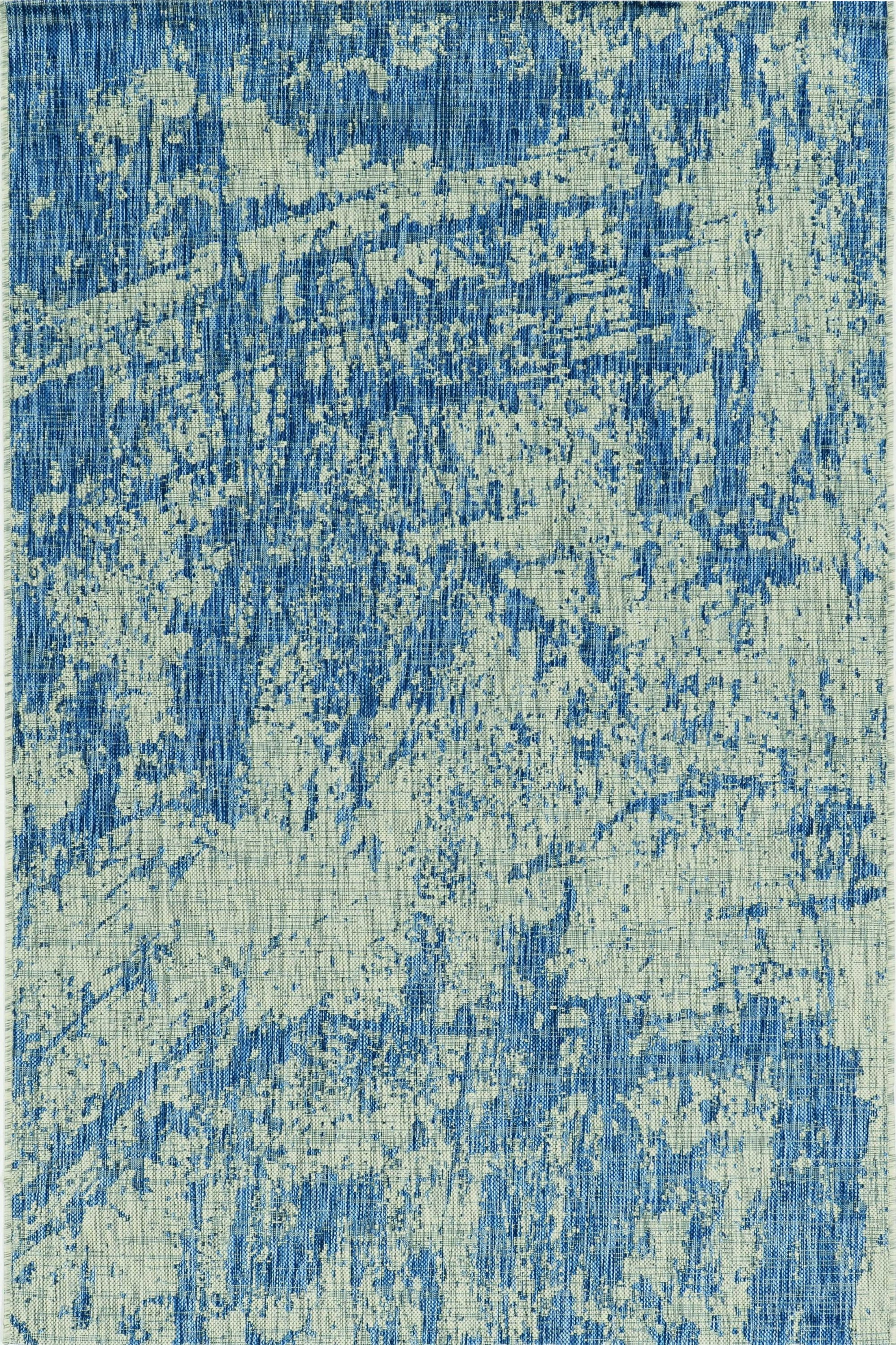 5x7 grey denim abstract rug with machine-woven texture, showcasing modern brushstroke design, perfect for indoor and outdoor use.