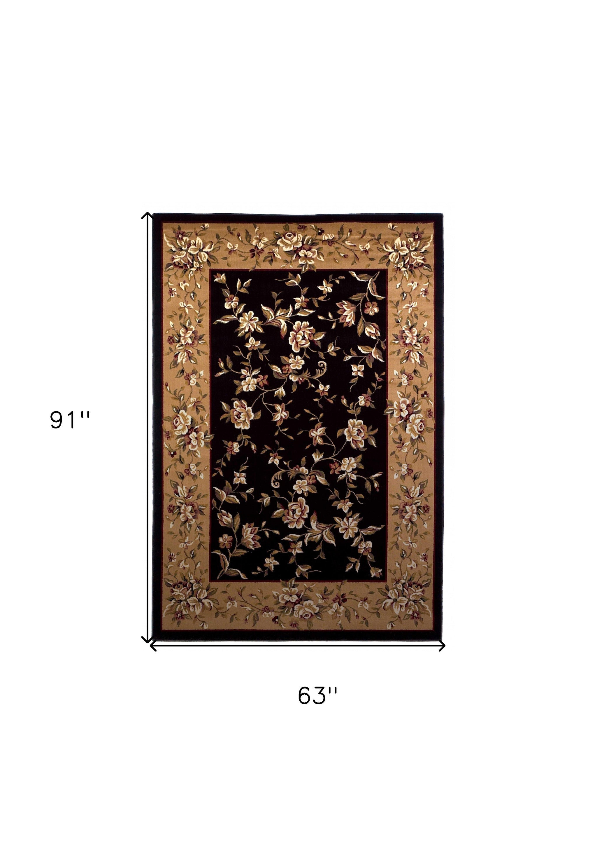 5 inches x 8 inches black and beige machine woven floral vines indoor area rug, showcasing intricate floral designs on a soft surface.