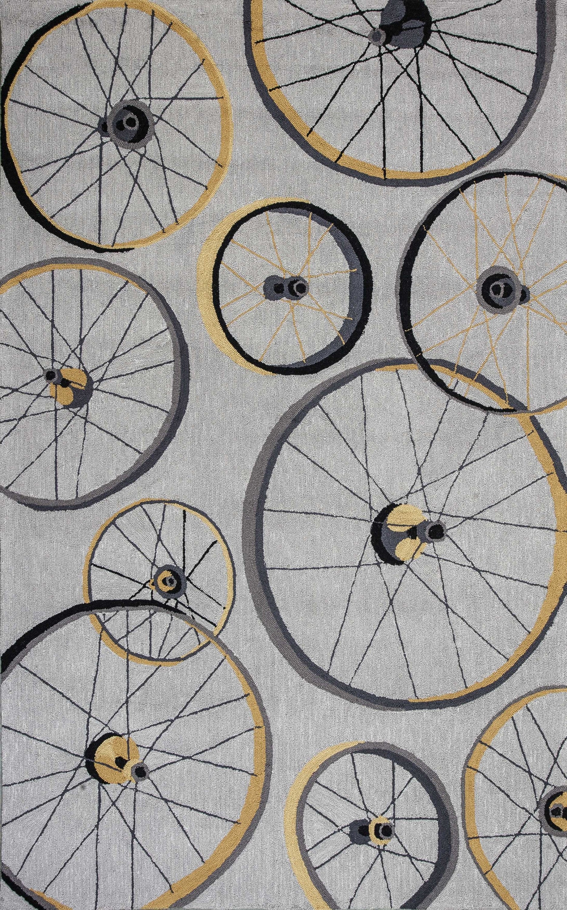 5x8 grey hand hooked wheels indoor area rug showcasing a modern design with a unique wheels pattern, perfect for enhancing home decor.