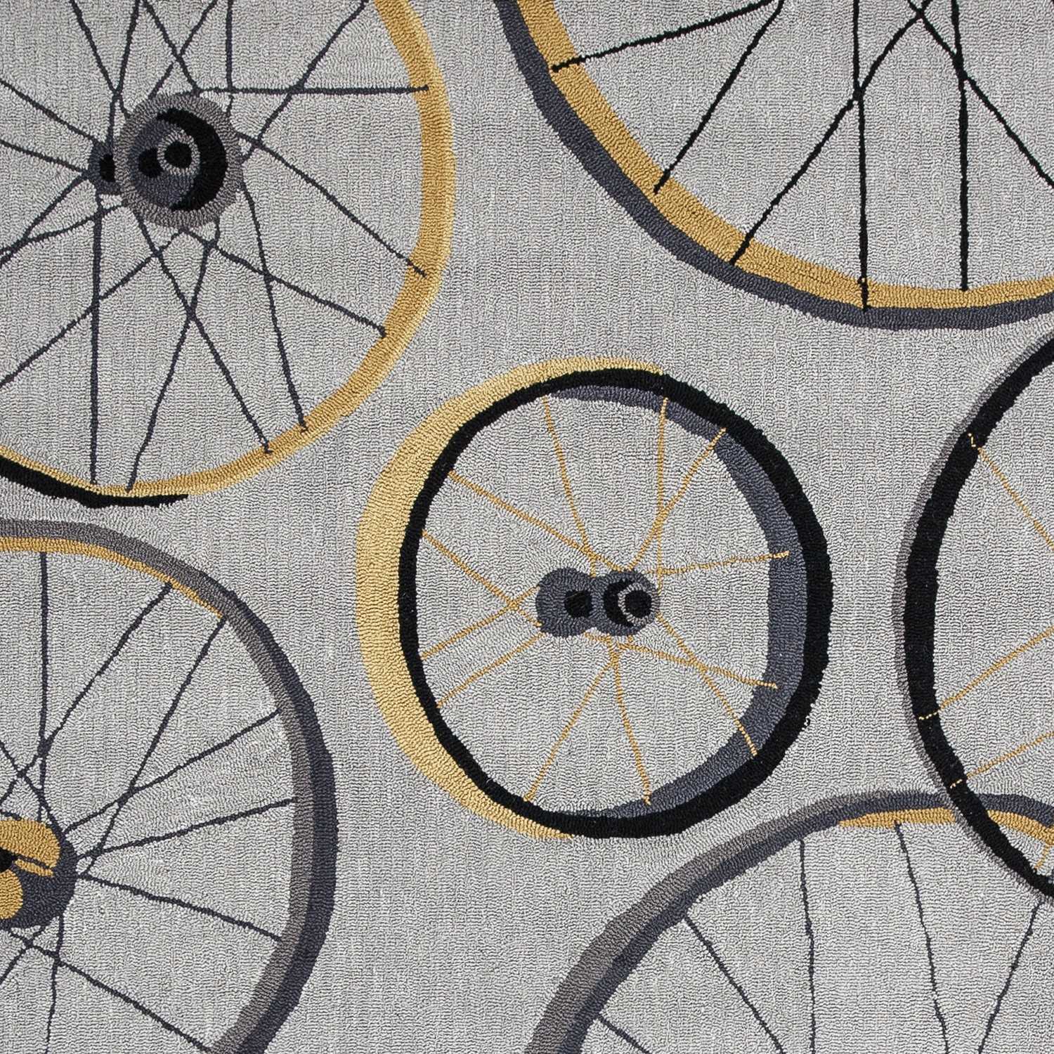 5x8 grey hand hooked wheels indoor area rug showcasing a modern design with a unique wheels pattern, perfect for enhancing home decor.