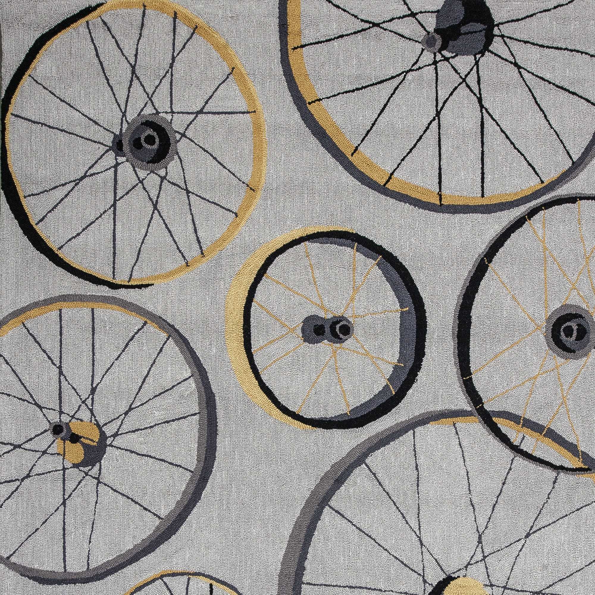 5x8 grey hand hooked wheels indoor area rug showcasing a modern design with a unique wheels pattern, perfect for enhancing home decor.