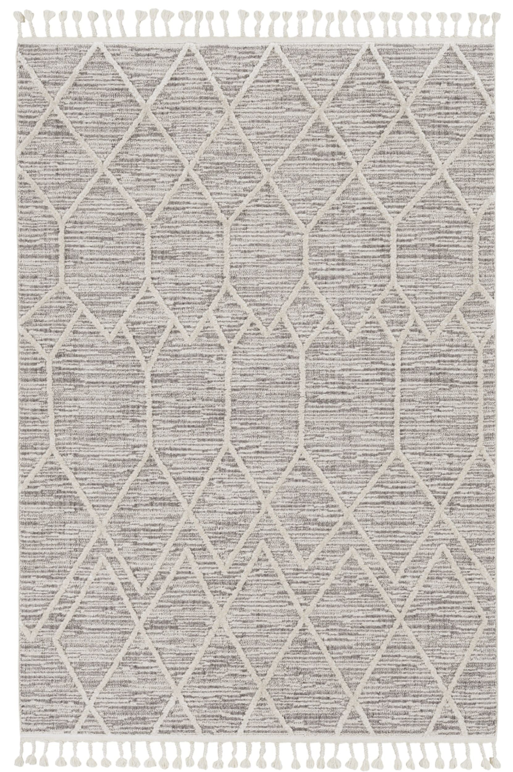 5x8 inches ivory grey machine woven abstract rug with fringe, showcasing a contemporary design perfect for indoor spaces.