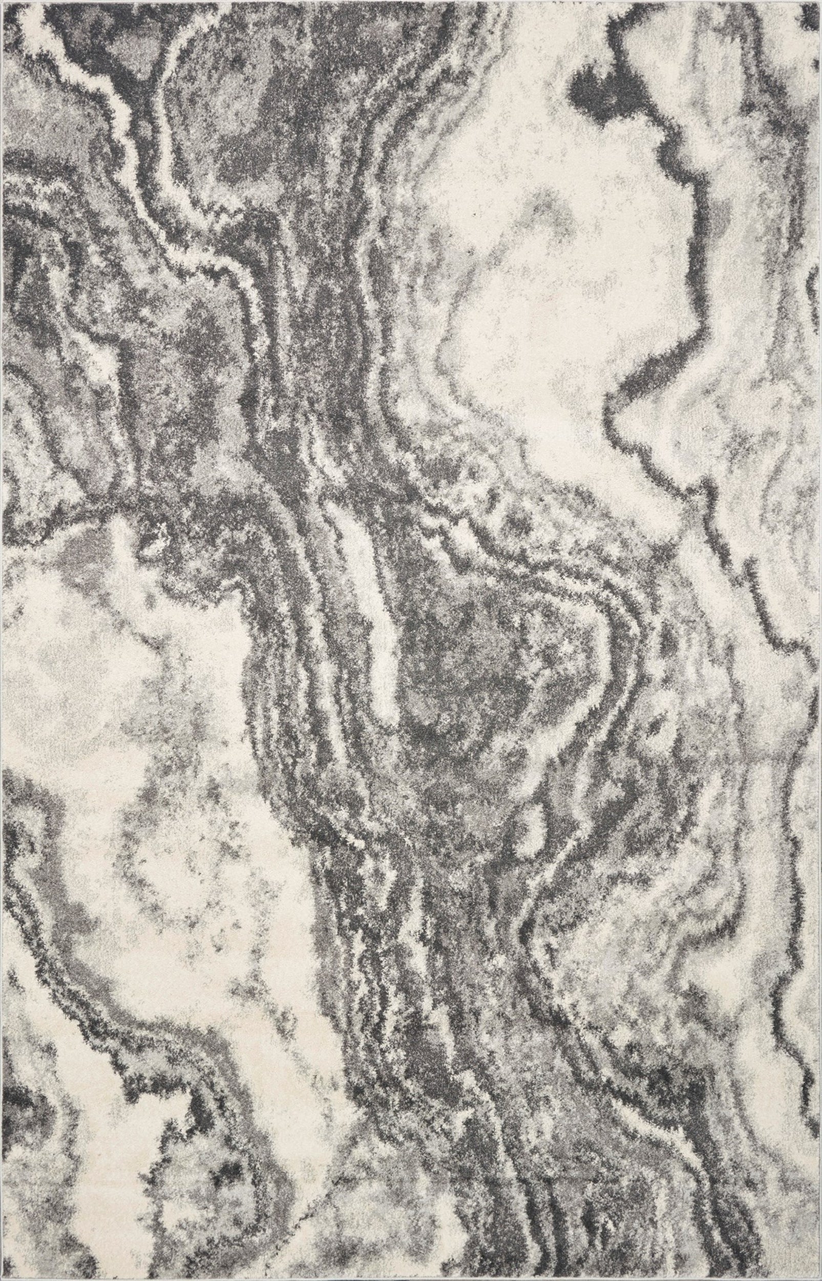 5x8 Ivory Grey Machine Woven Marble Indoor Area Rug featuring abstract watercolor patterns and soft texture.