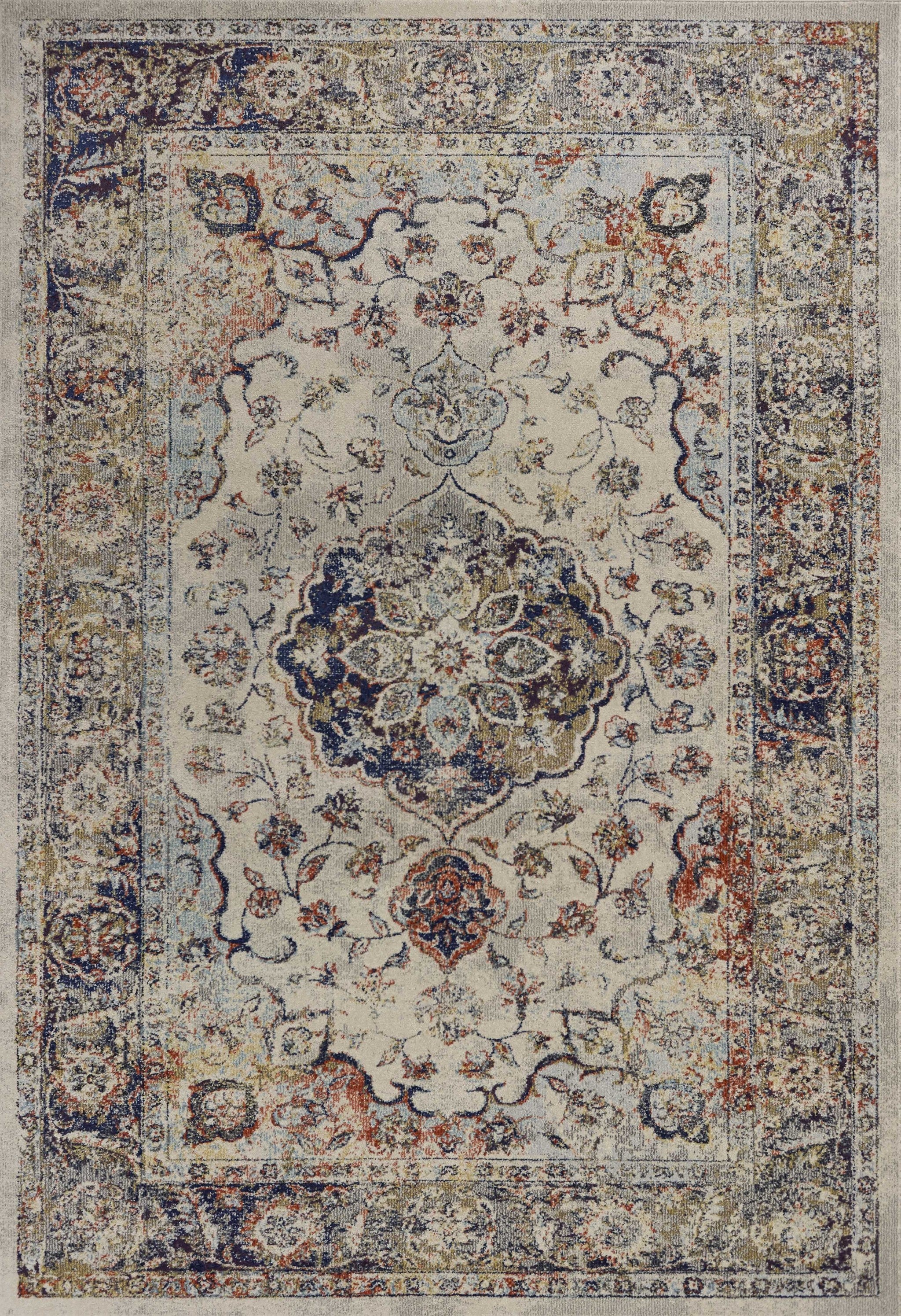 5x8 ivory machine woven traditional floral medallion rug, showcasing intricate floral patterns and a soft texture.