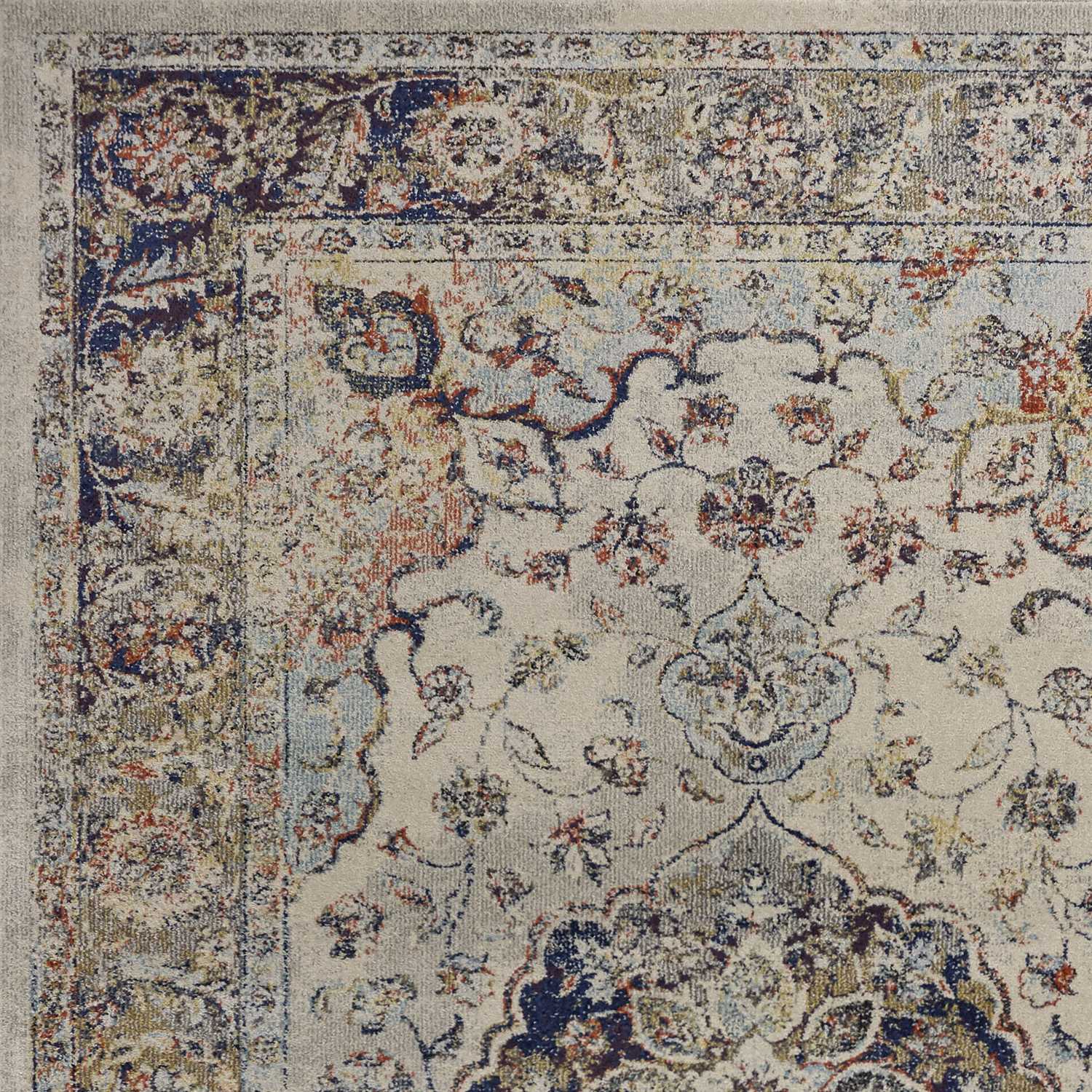 5x8 ivory machine woven traditional floral medallion rug, showcasing intricate floral patterns and a soft texture.