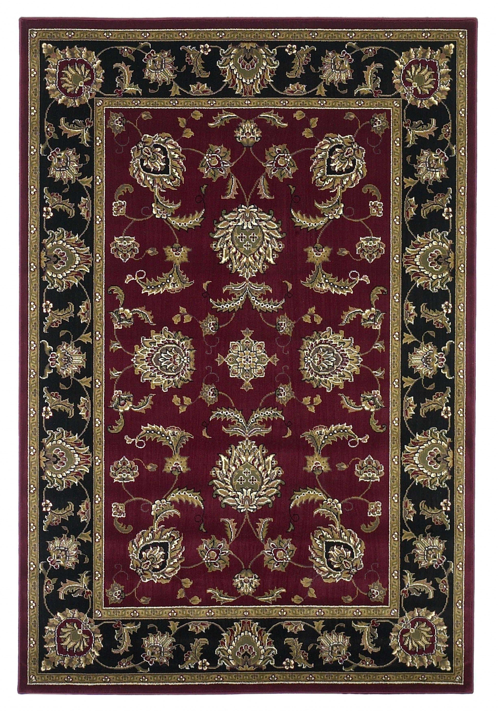 5x8 red and black machine woven floral traditional indoor area rug, showcasing intricate floral patterns and vibrant colors.