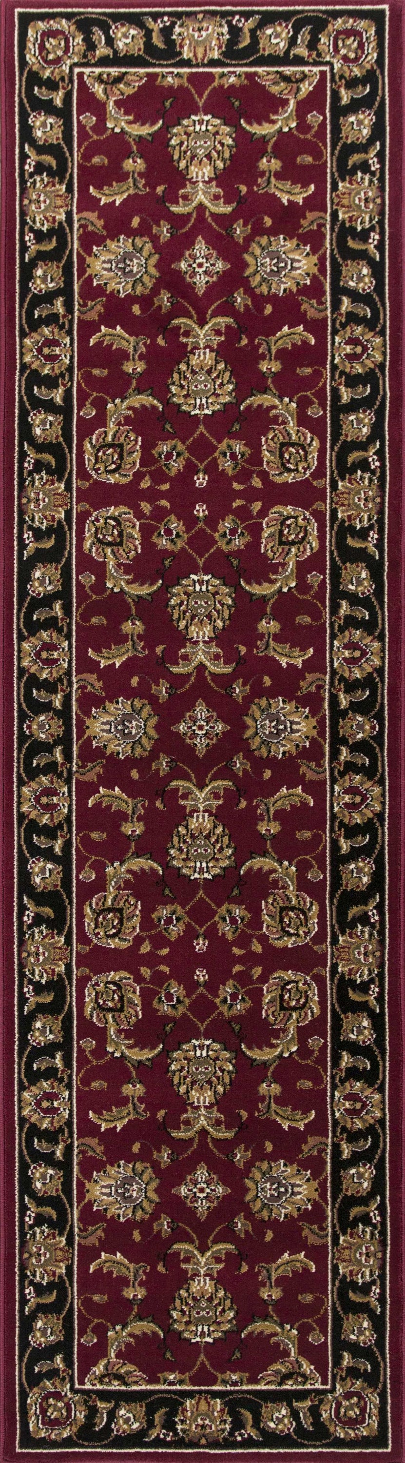 5x8 red and black machine woven floral traditional indoor area rug, showcasing intricate floral patterns and vibrant colors.