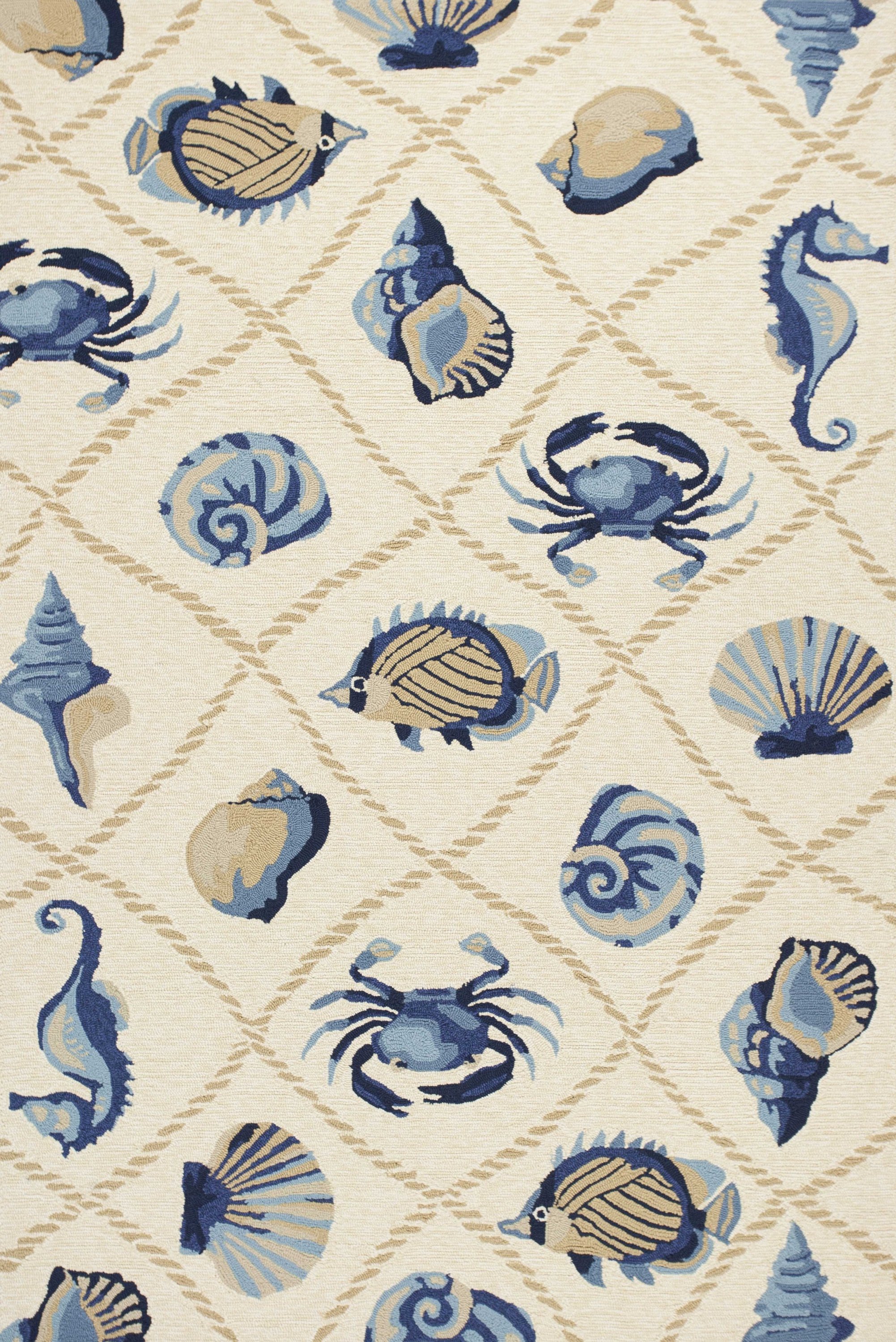 5x8 sand beige hand hooked rug featuring coastal sea life design, suitable for indoor and outdoor use.