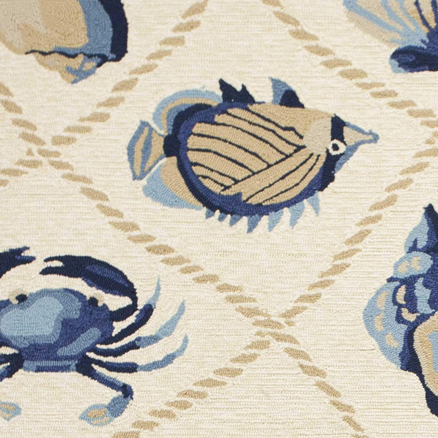 5x8 sand beige hand hooked rug featuring coastal sea life design, suitable for indoor and outdoor use.