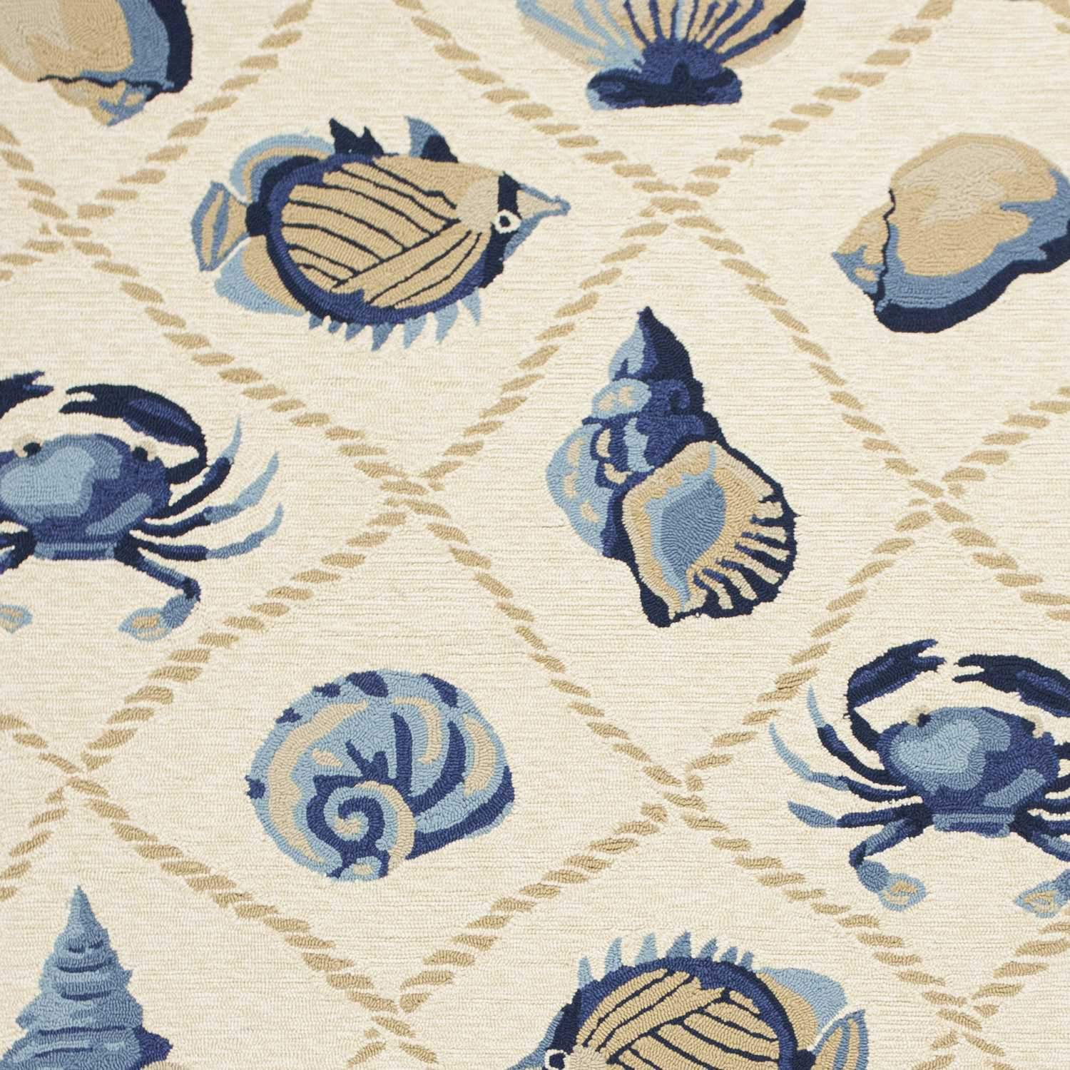 5x8 sand beige hand hooked rug featuring coastal sea life design, suitable for indoor and outdoor use.