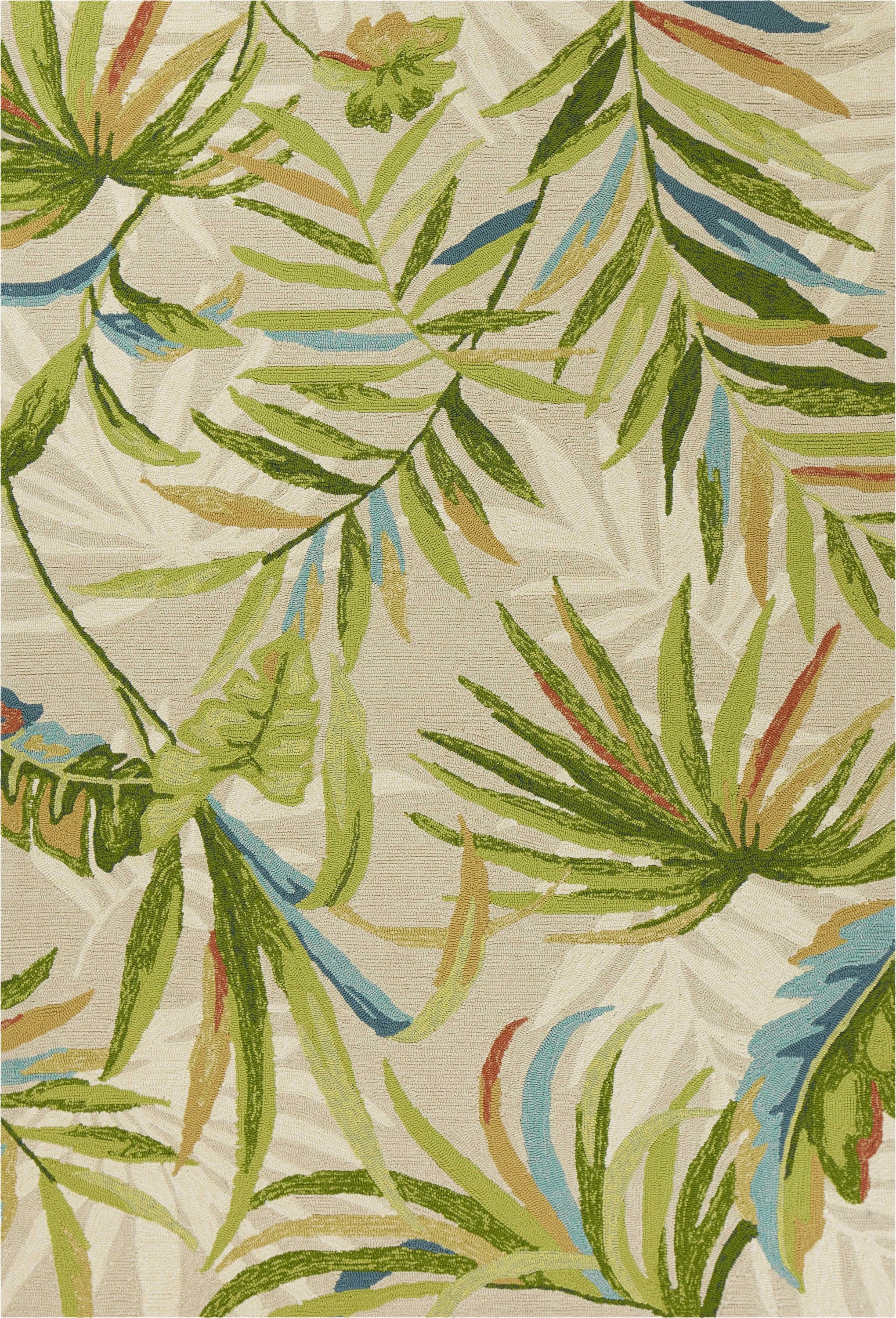 5x8 Sand Ivory Hand Woven UV Treated Palm Tropical Indoor Rug showcasing unique paint-dripping effects and layered designs.