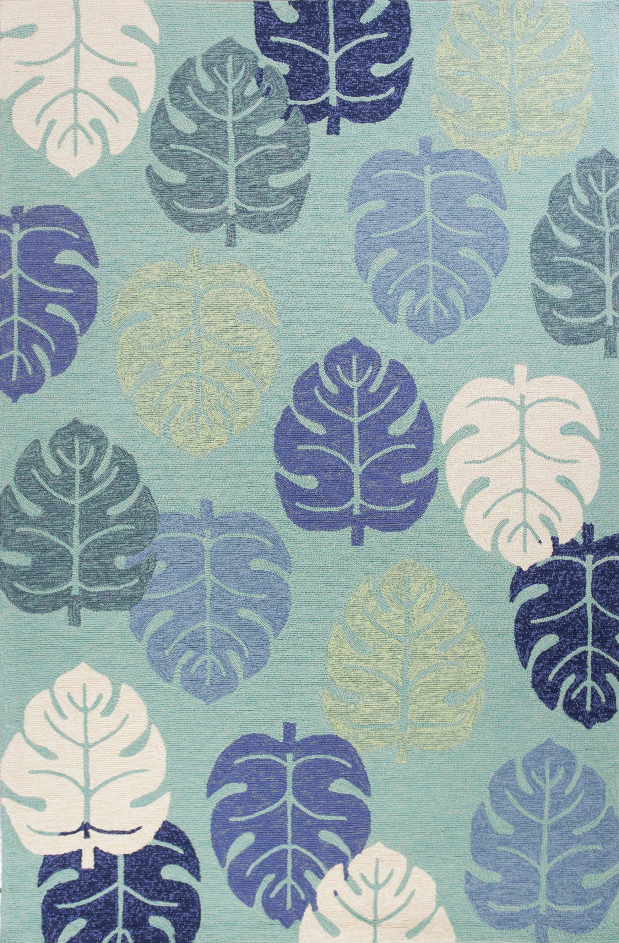 A vibrant turquoise blue hand hooked rug featuring tropical leaves design, suitable for indoor and outdoor use.