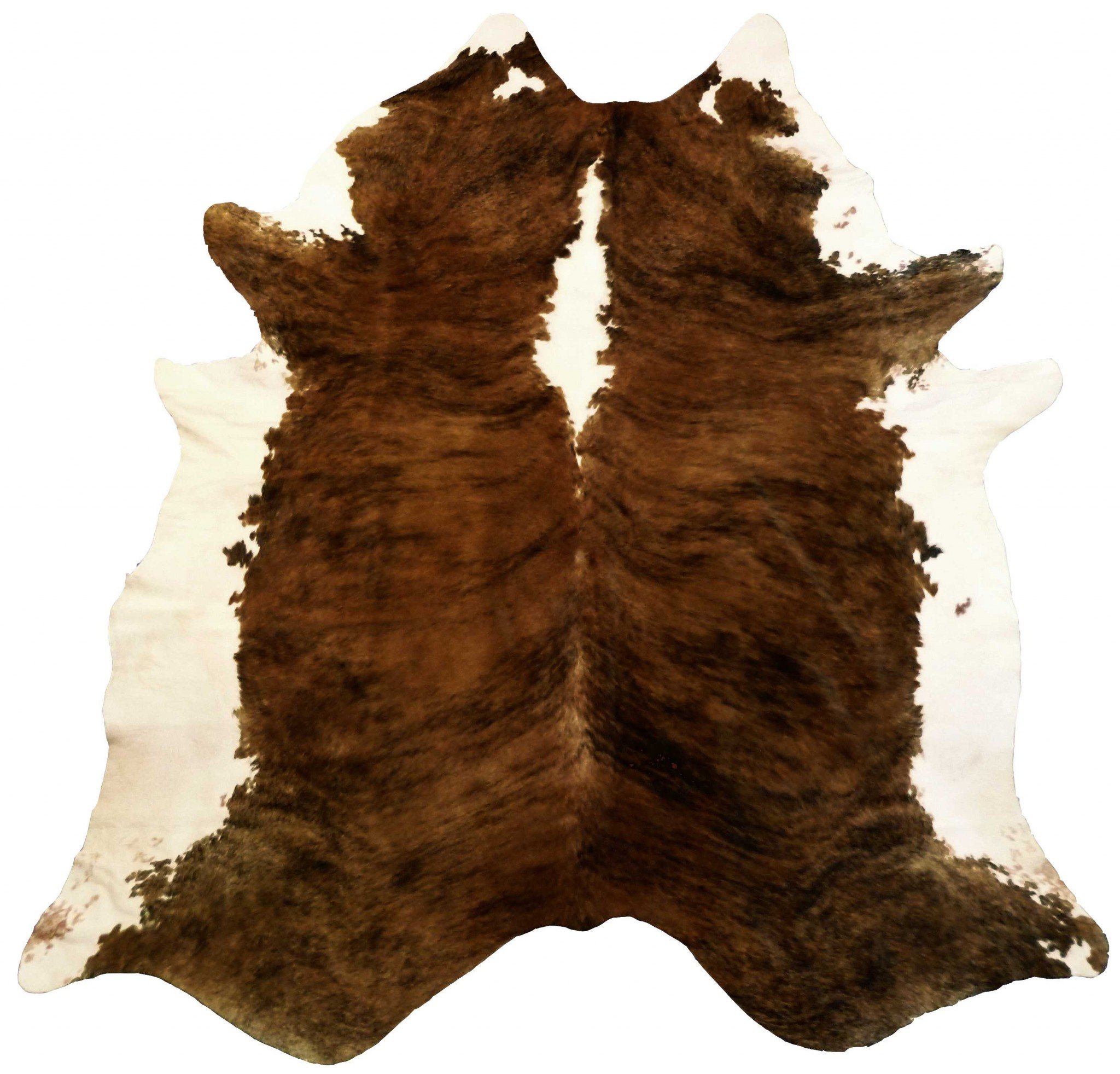 A beautiful 6 Ft Classic Brindled Cowhide Rug featuring a unique brown and white brindled pattern, perfect for enhancing home decor.