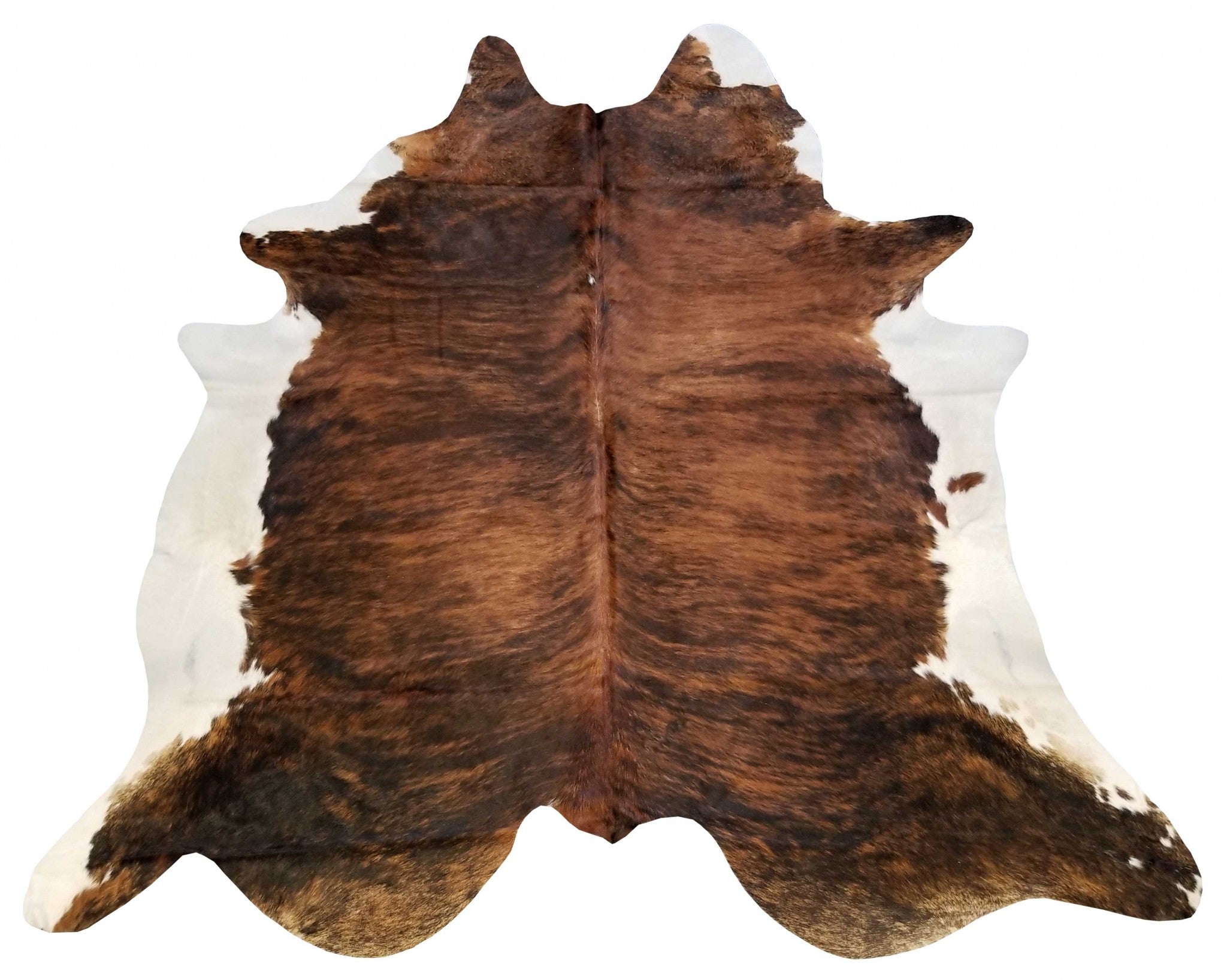 A beautiful 6 Ft Classic Brindled Cowhide Rug featuring a unique brown and white brindled pattern, perfect for enhancing home decor.