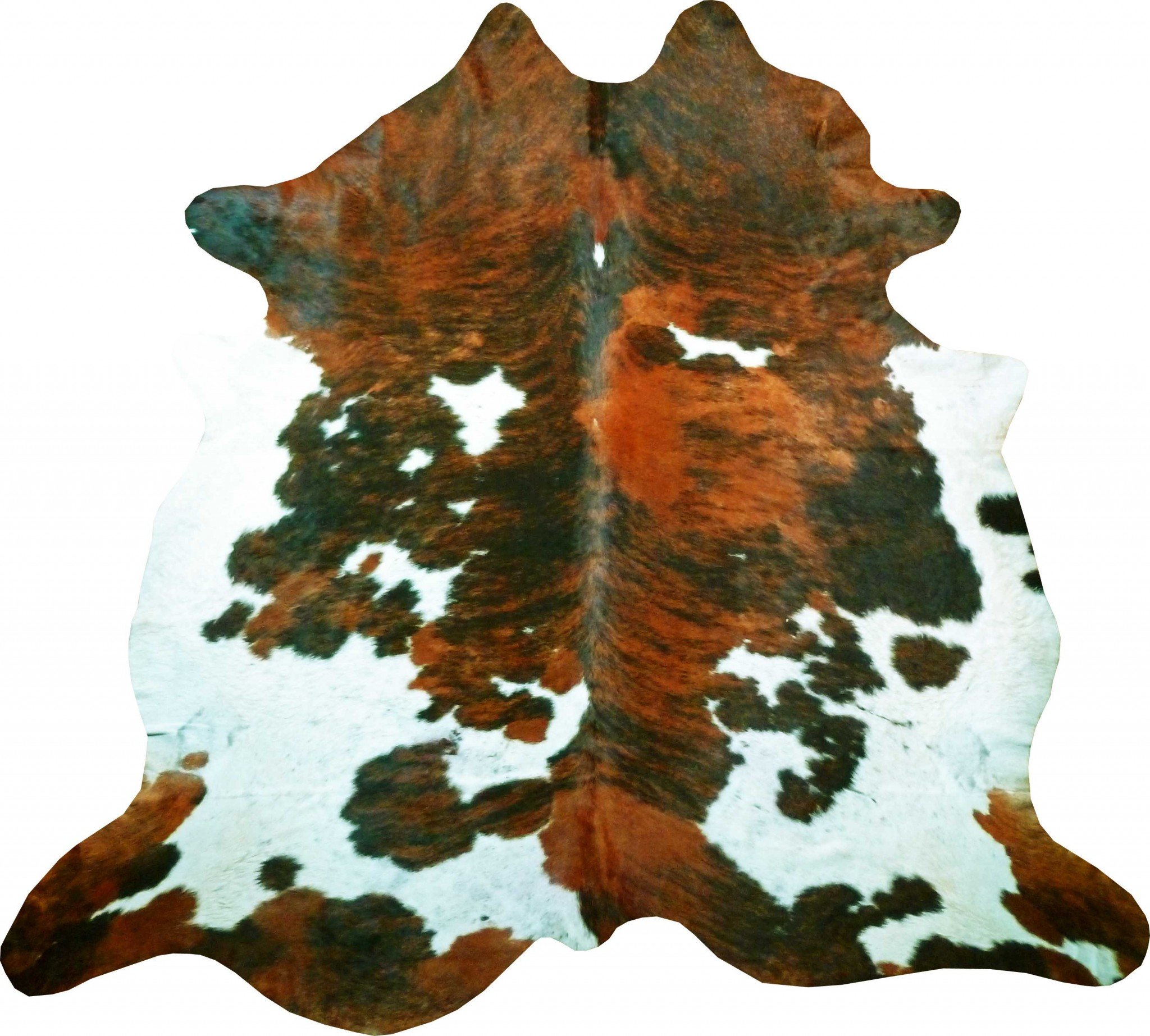 A beautiful 6 Ft Tri-Colored Brindled Cowhide Rug featuring a unique blend of white, brown, and green colors, perfect for home decor.