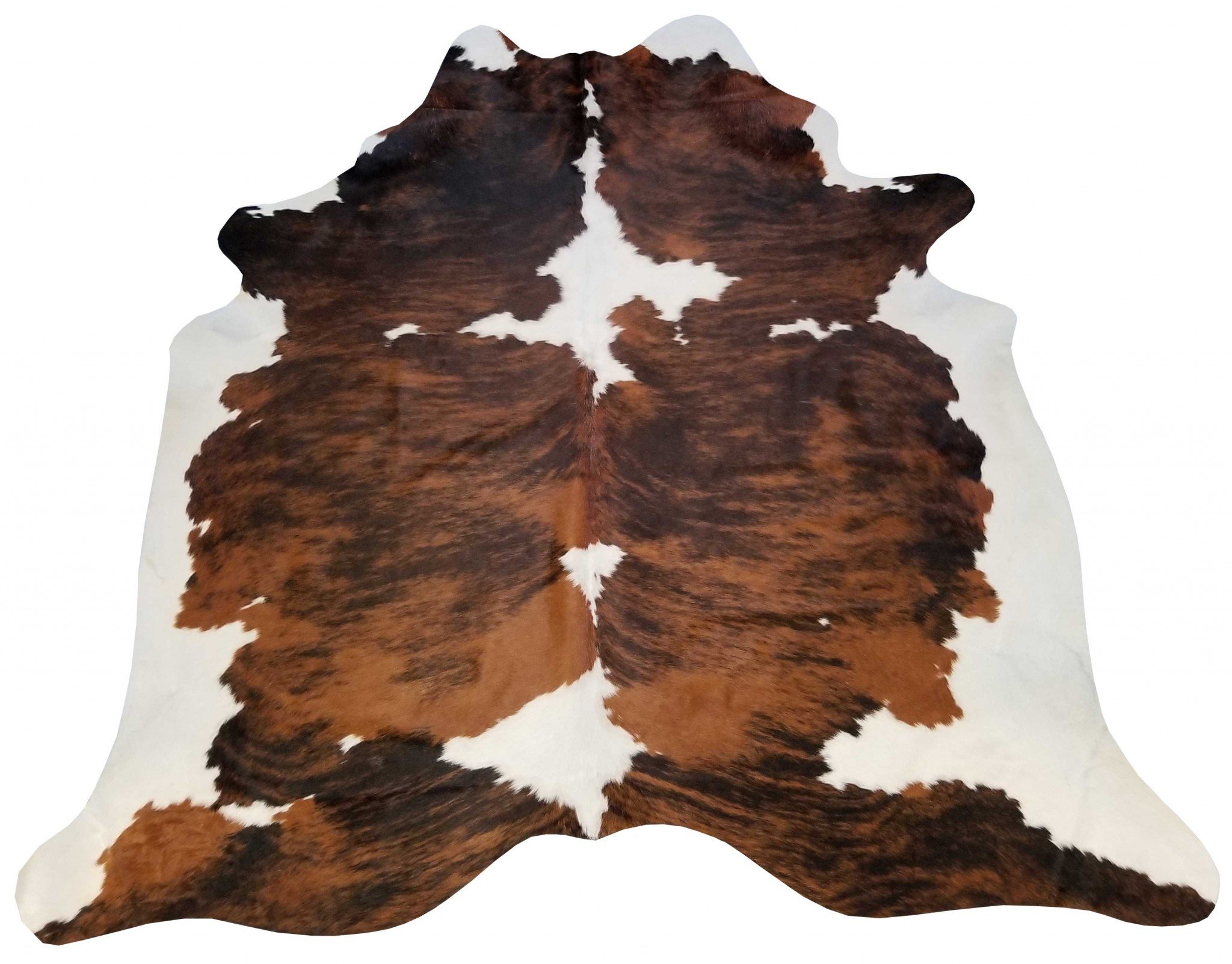 A beautiful 6 Ft Tri-Colored Brindled Cowhide Rug featuring a unique blend of white, brown, and green colors, perfect for home decor.