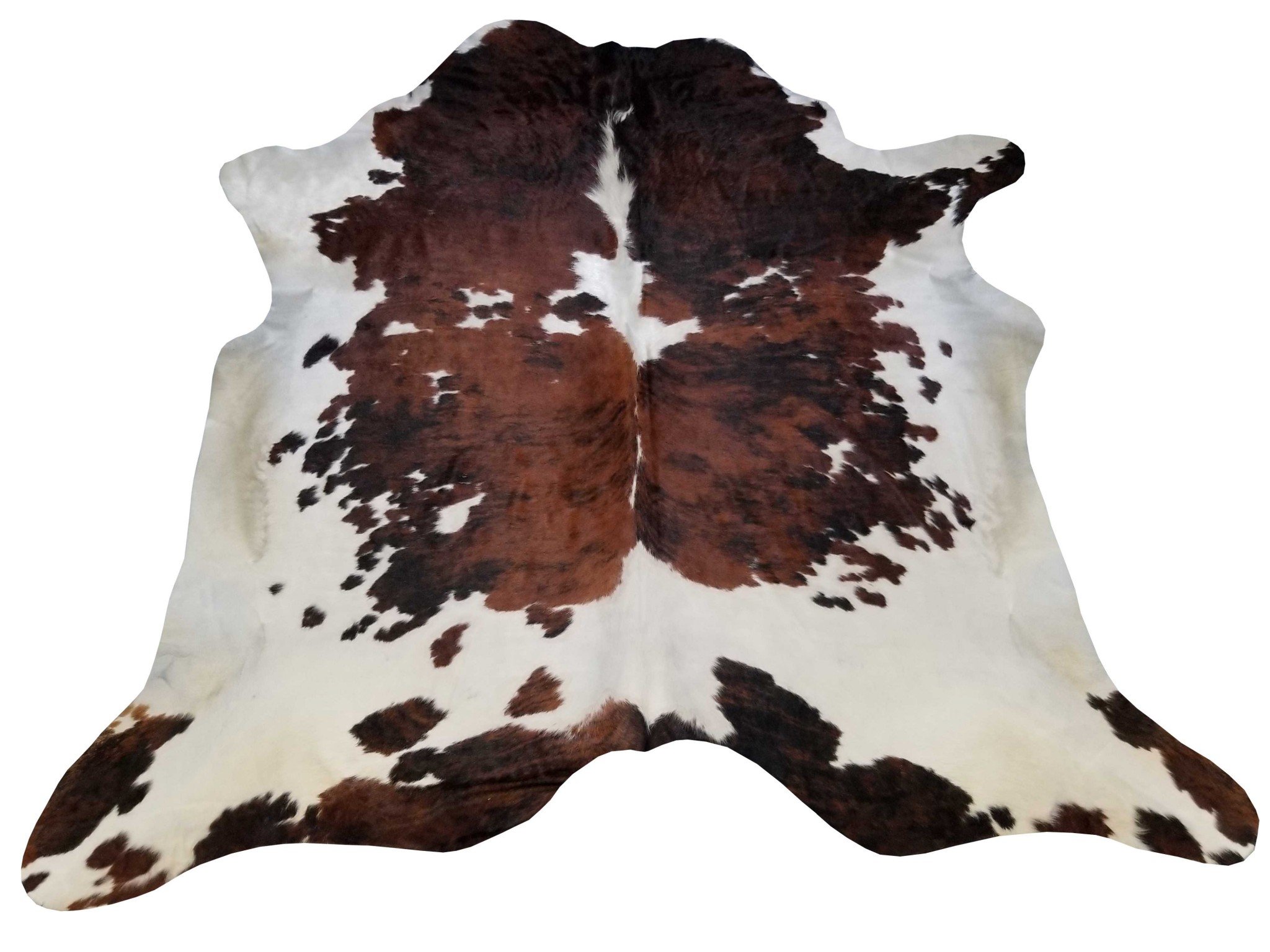 A beautiful 6 Ft Tri-Colored Brindled Cowhide Rug featuring a unique blend of white, brown, and green colors, perfect for home decor.