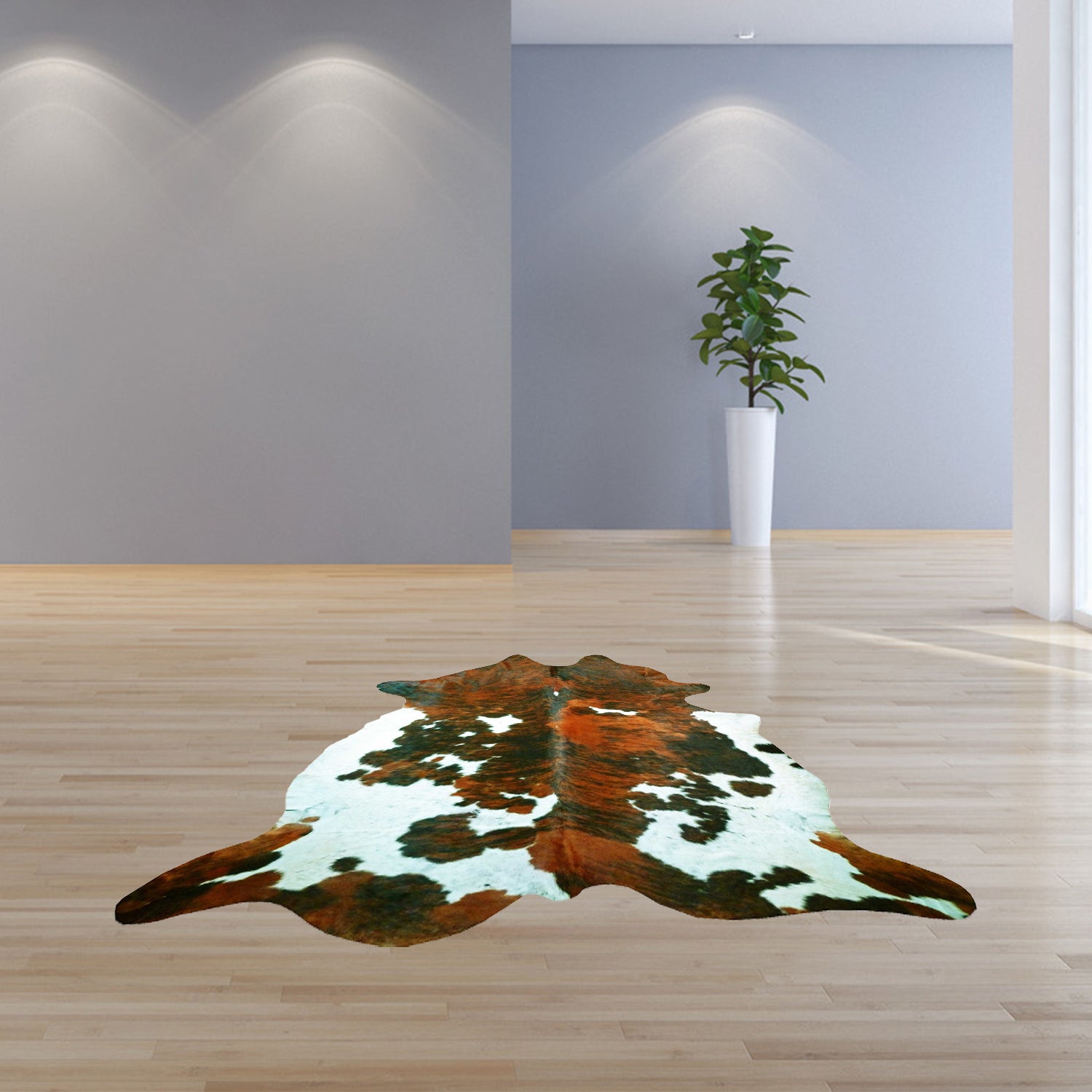 A beautiful 6 Ft Tri-Colored Brindled Cowhide Rug featuring a unique blend of white, brown, and green colors, perfect for home decor.