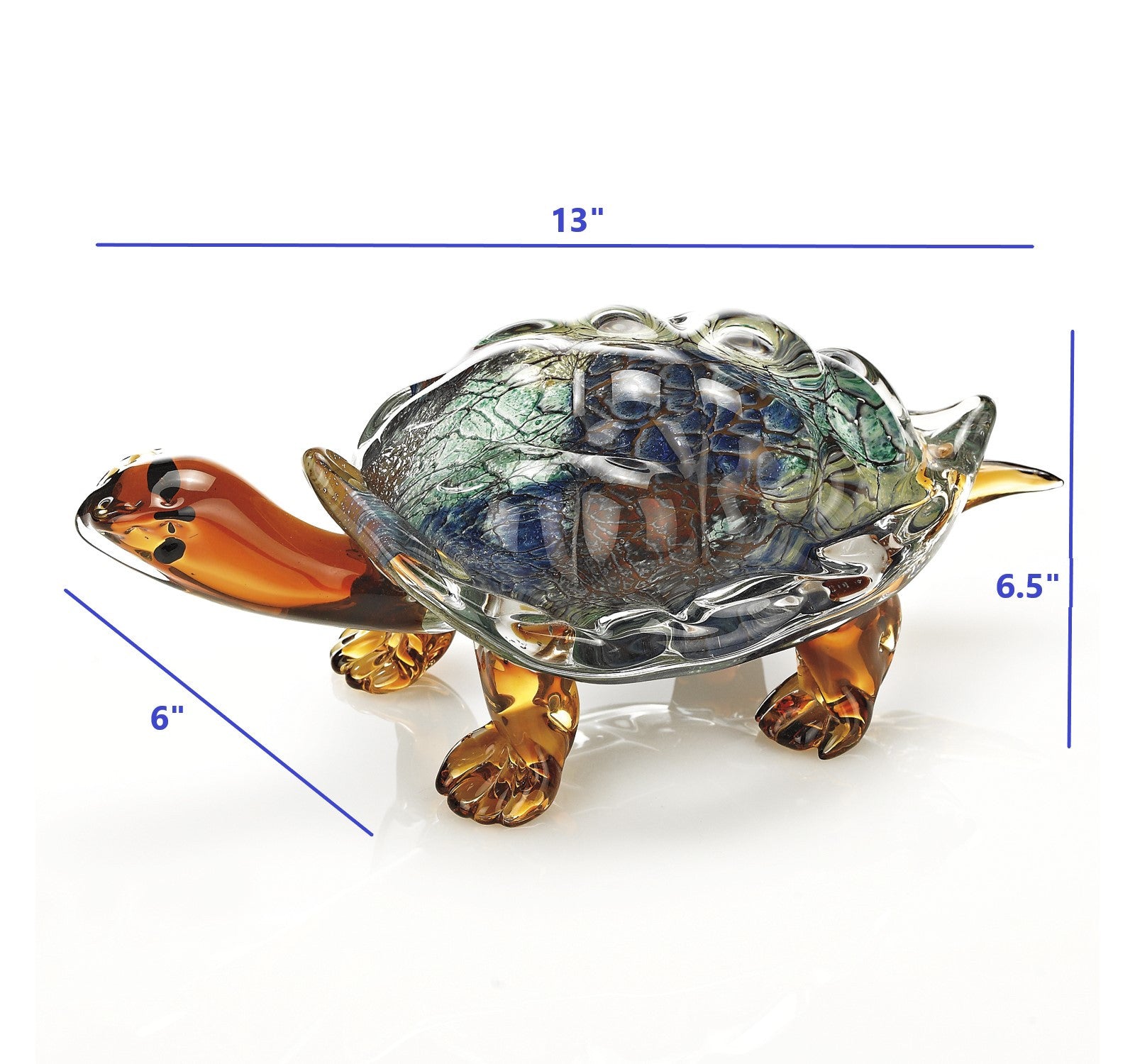 A beautifully crafted 6 Mouth Blown Turtle Art Glass sculpture showcasing vibrant multi-color design, perfect for home decor.