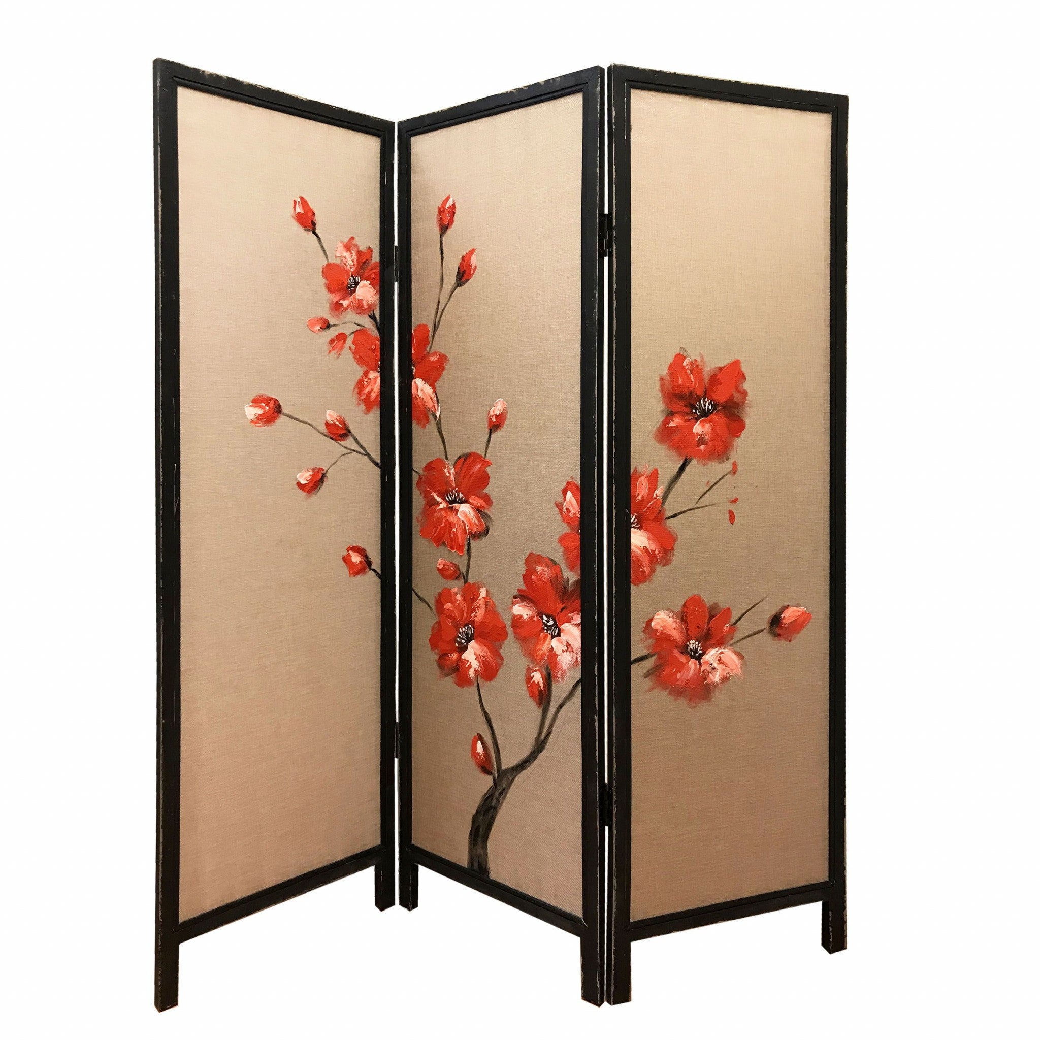 A beautifully designed 3 panel screen featuring a solid wood frame and hand-painted red poppy design on brown fabric, ideal for room division.