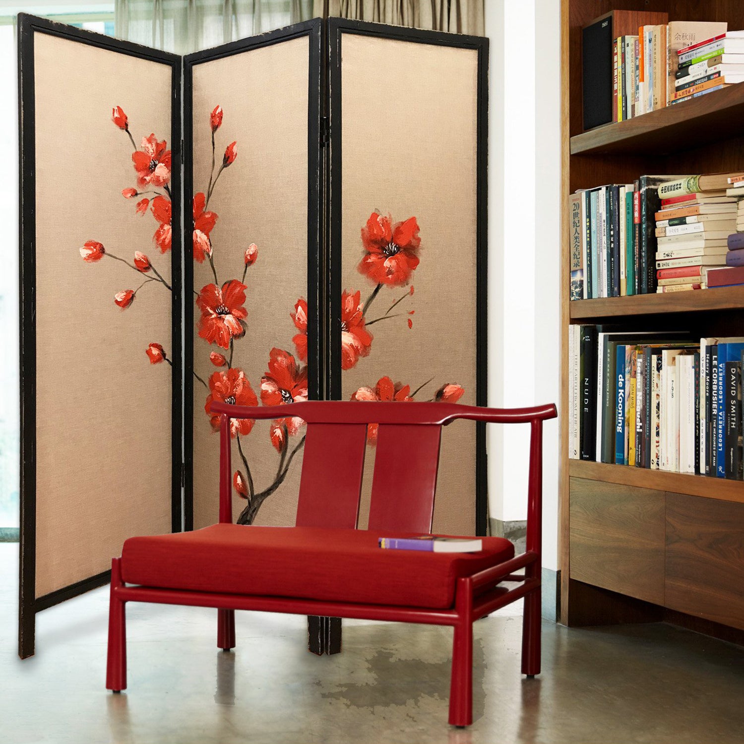 A beautifully designed 3 panel screen featuring a solid wood frame and hand-painted red poppy design on brown fabric, ideal for room division.