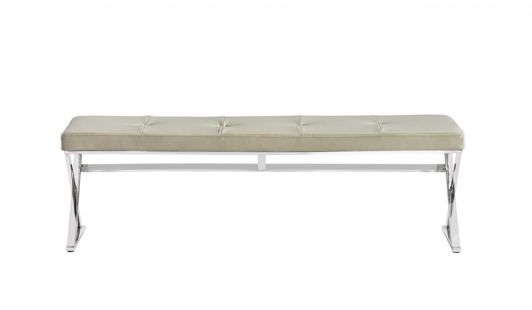 Stylish 60-inch taupe faux leather bench with polished finish, perfect for contemporary home decor.