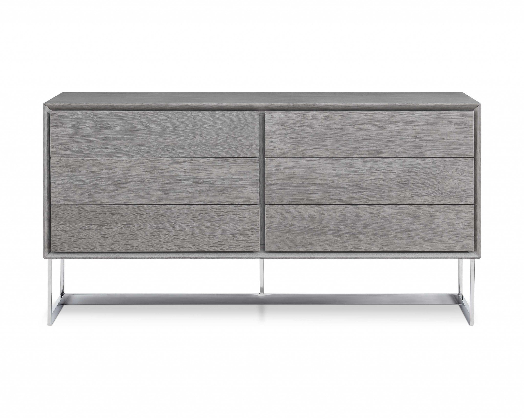 A stylish 60" X 20" X 32" gray oak buffet with stainless steel accents, showcasing modern design and ample storage space.