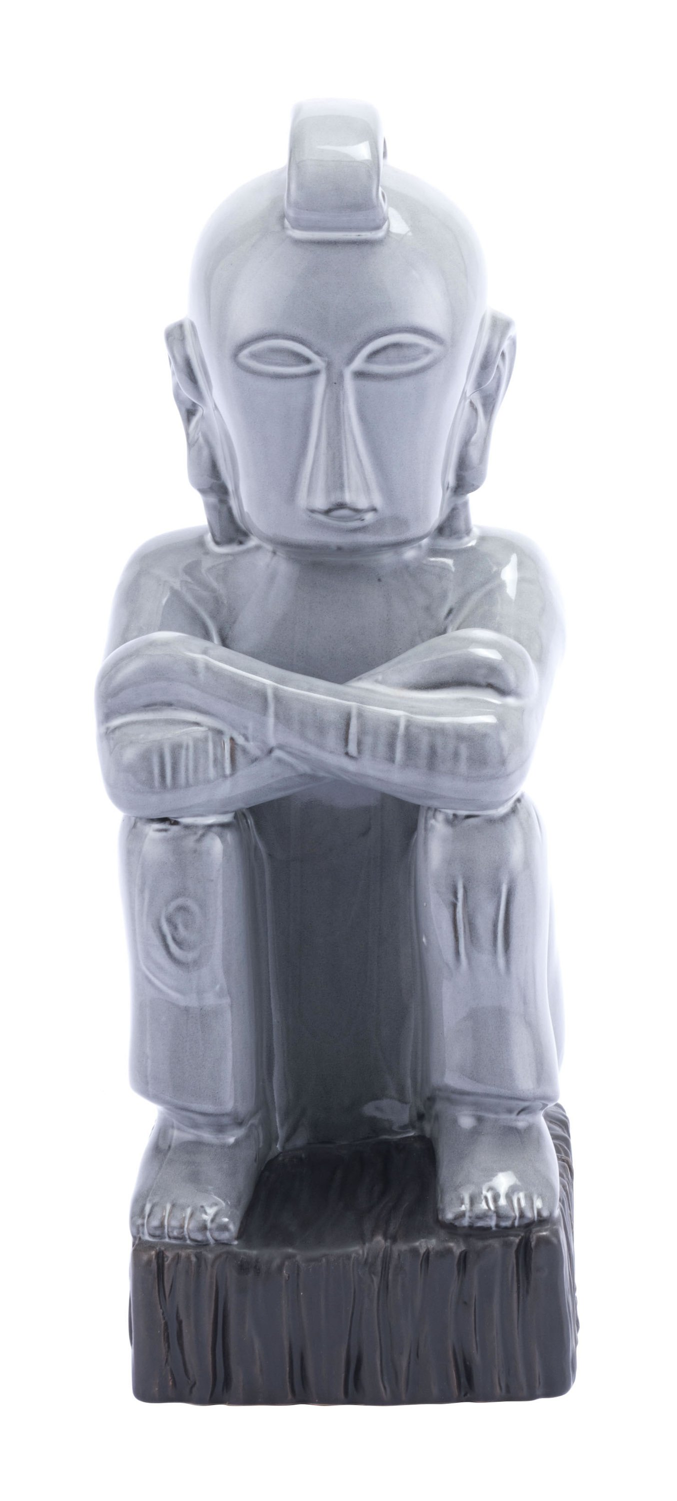 A tall gray ceramic figurine with a glossy finish and a matte black base, symbolizing nature and elegance.