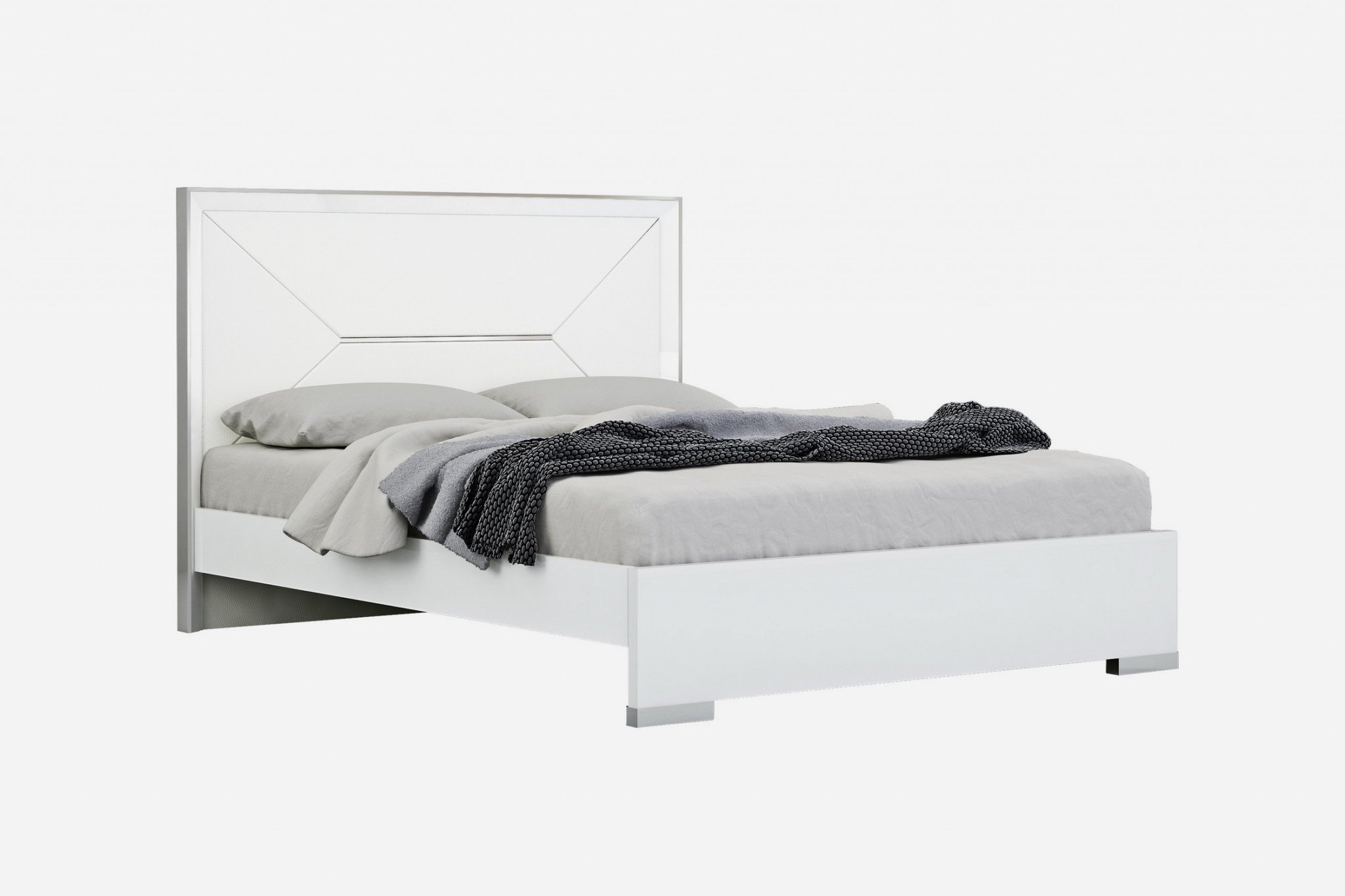 A stylish gray faux leather queen bed with a stainless steel frame, featuring a modern design and gloss finish, perfect for contemporary bedrooms.