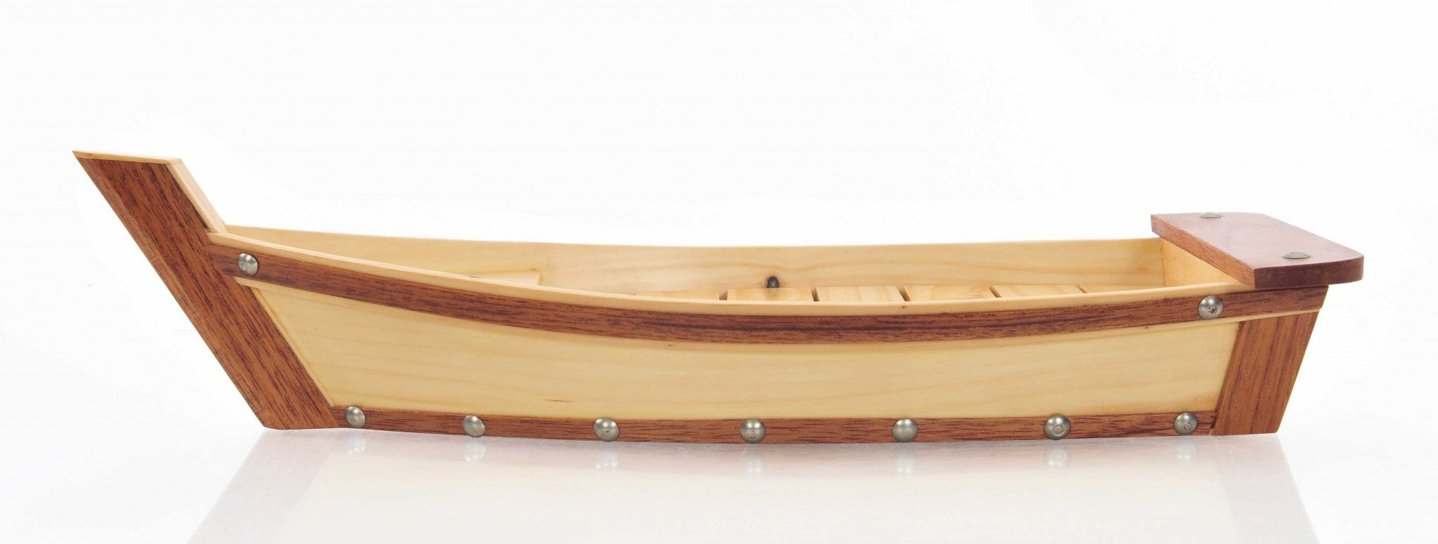 A beautifully crafted small wooden sushi boat serving tray, showcasing its natural wood finish and elegant design, perfect for serving sushi and other dishes.