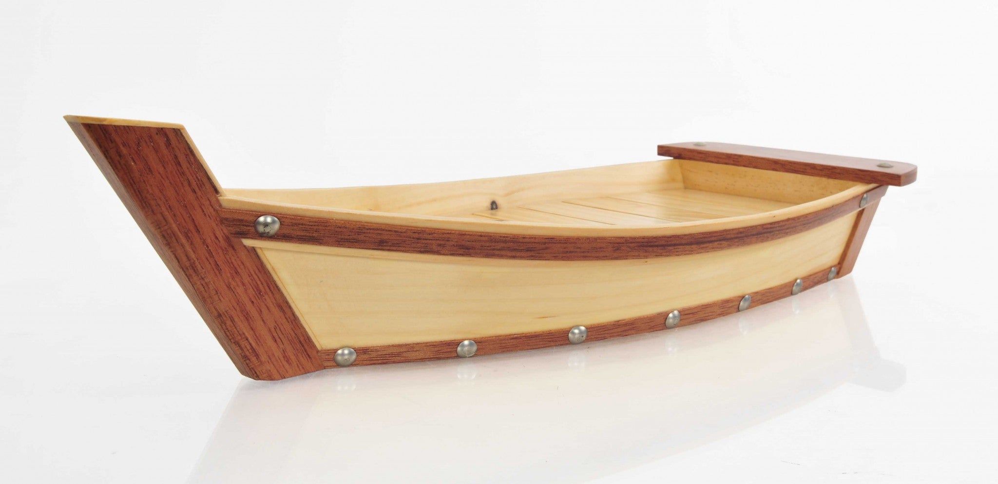 A beautifully crafted small wooden sushi boat serving tray, showcasing its natural wood finish and elegant design, perfect for serving sushi and other dishes.