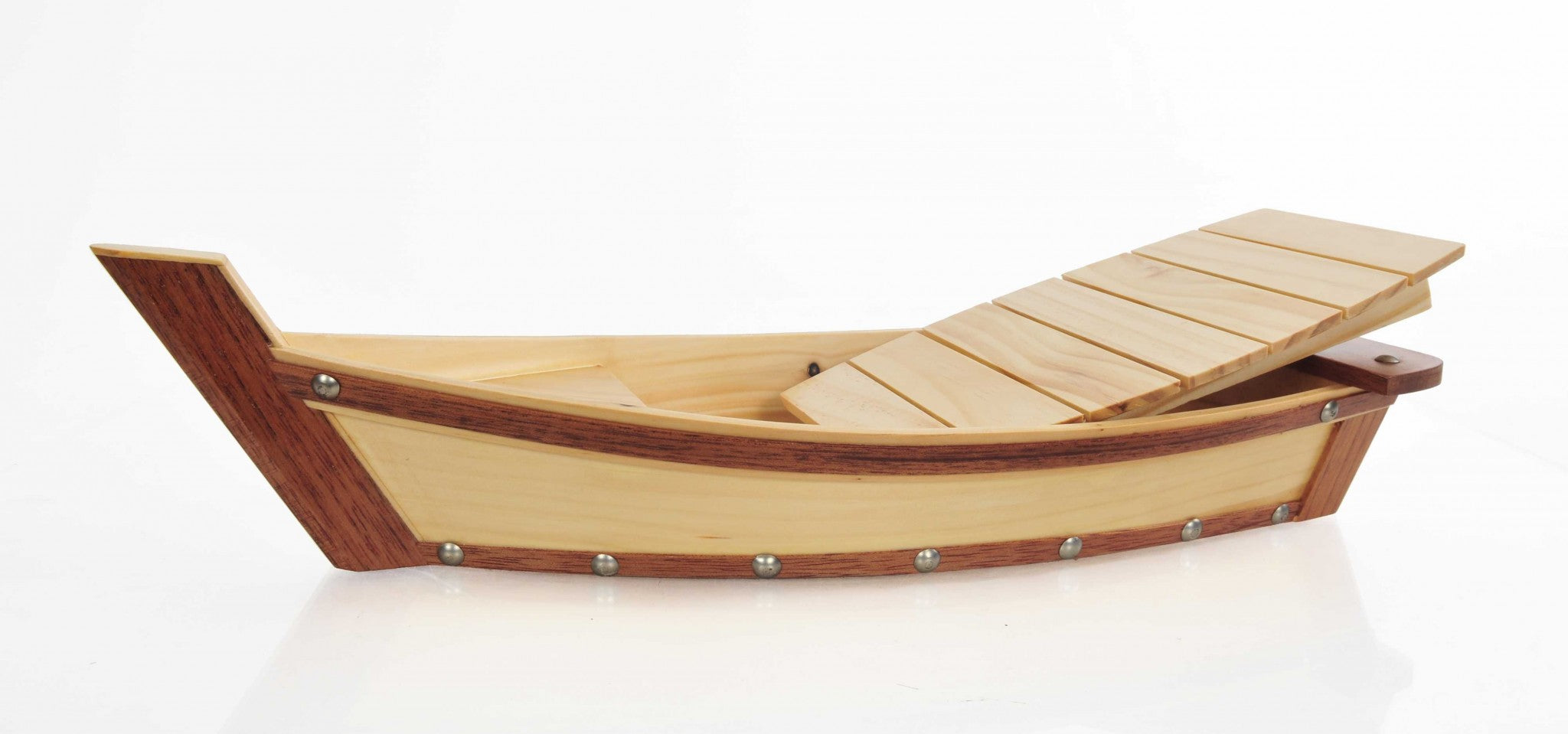 A beautifully crafted small wooden sushi boat serving tray, showcasing its natural wood finish and elegant design, perfect for serving sushi and other dishes.