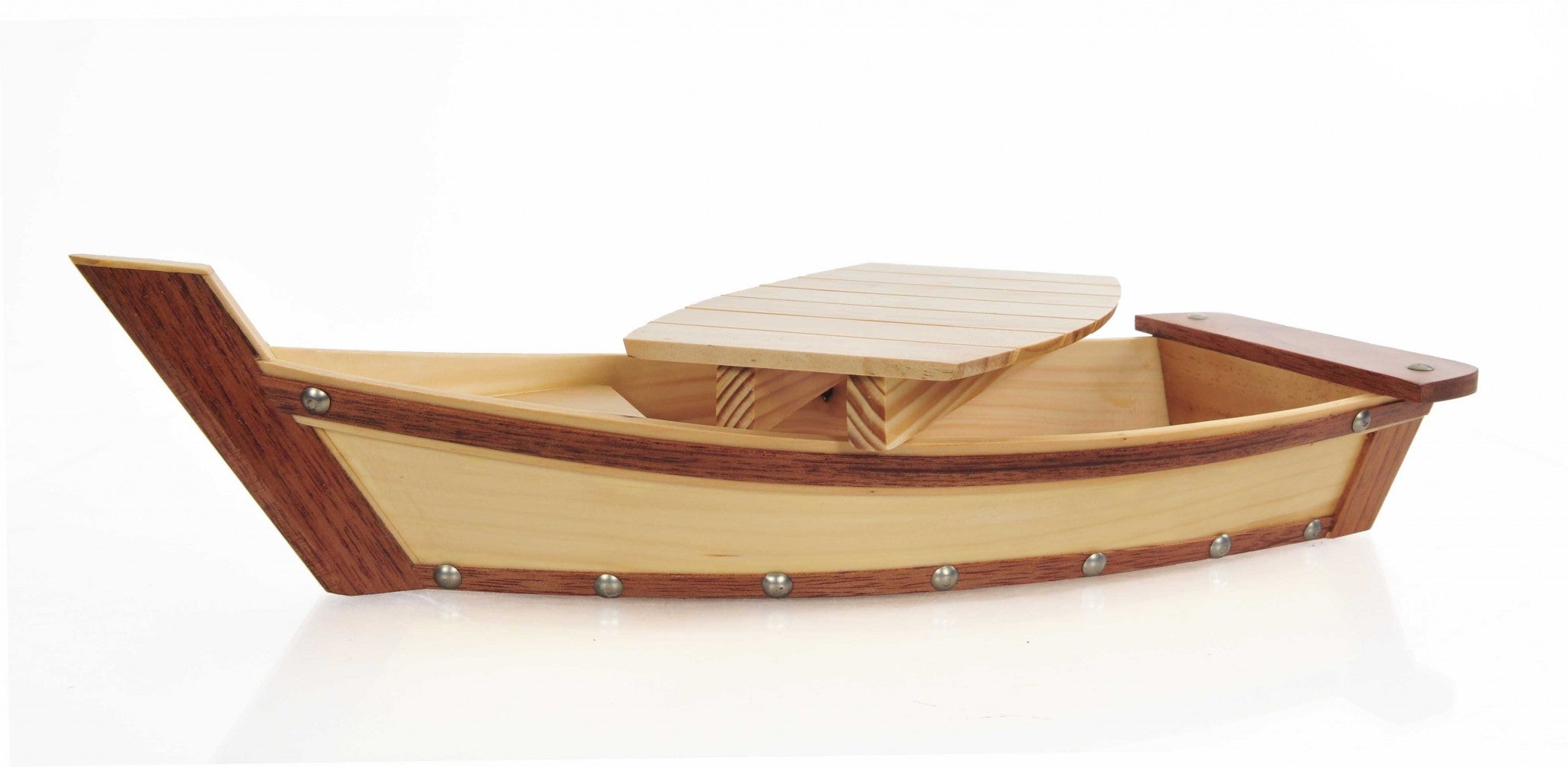 A beautifully crafted small wooden sushi boat serving tray, showcasing its natural wood finish and elegant design, perfect for serving sushi and other dishes.