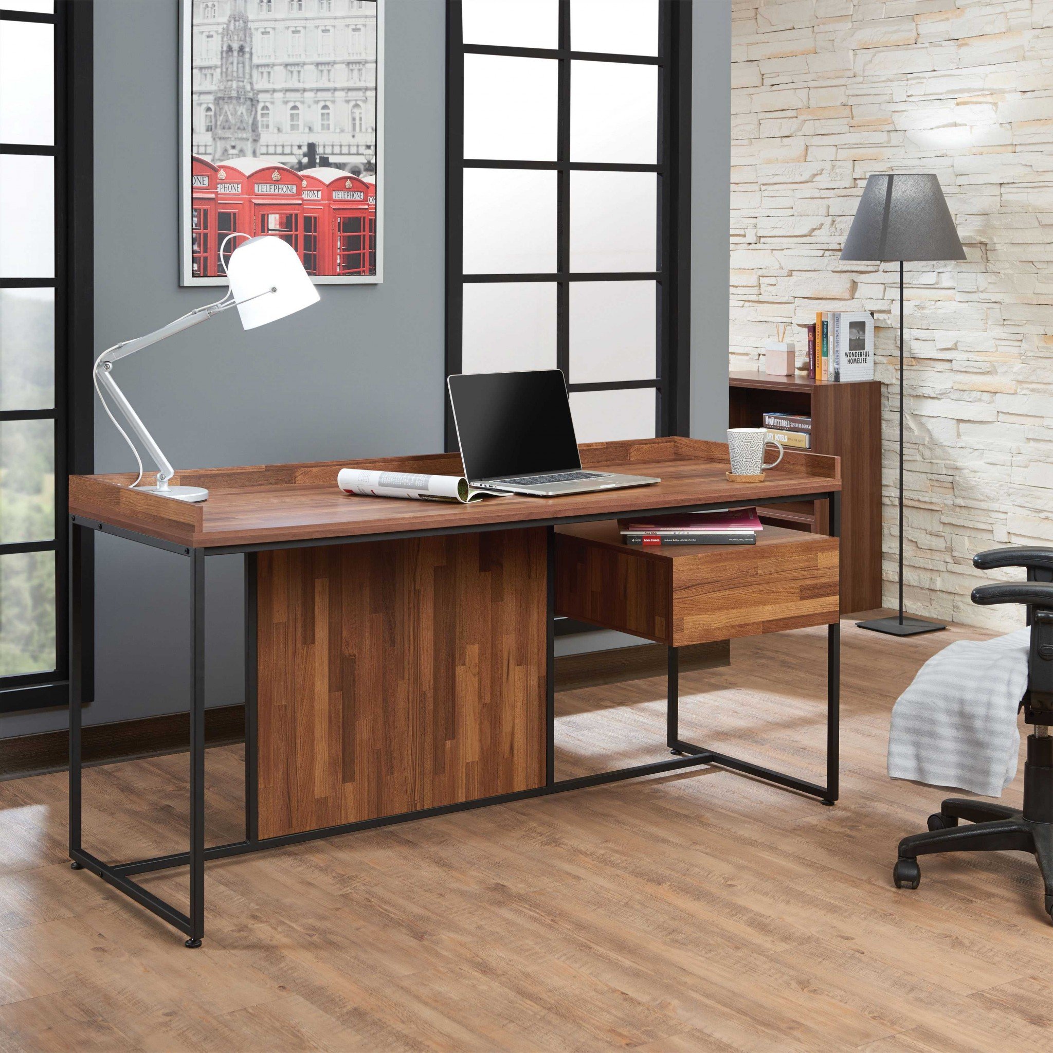 A stylish walnut sandy black metal desk measuring 62x24x31 inches, featuring a modern sled base and a convenient drawer.