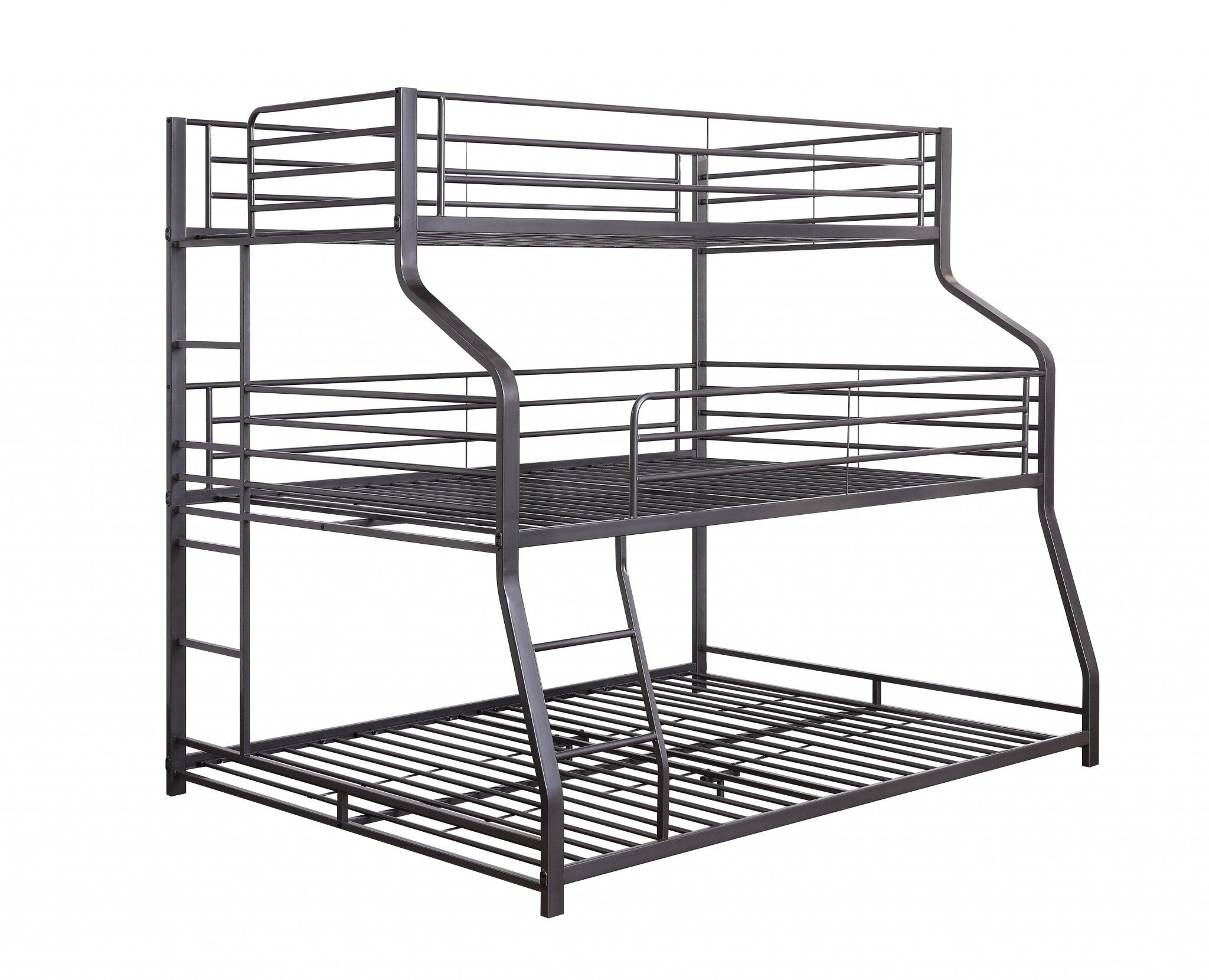 Gunmetal Metal Triple Bunk Bed featuring twin, full, and queen sizes with a sturdy metal frame and safety guardrails.