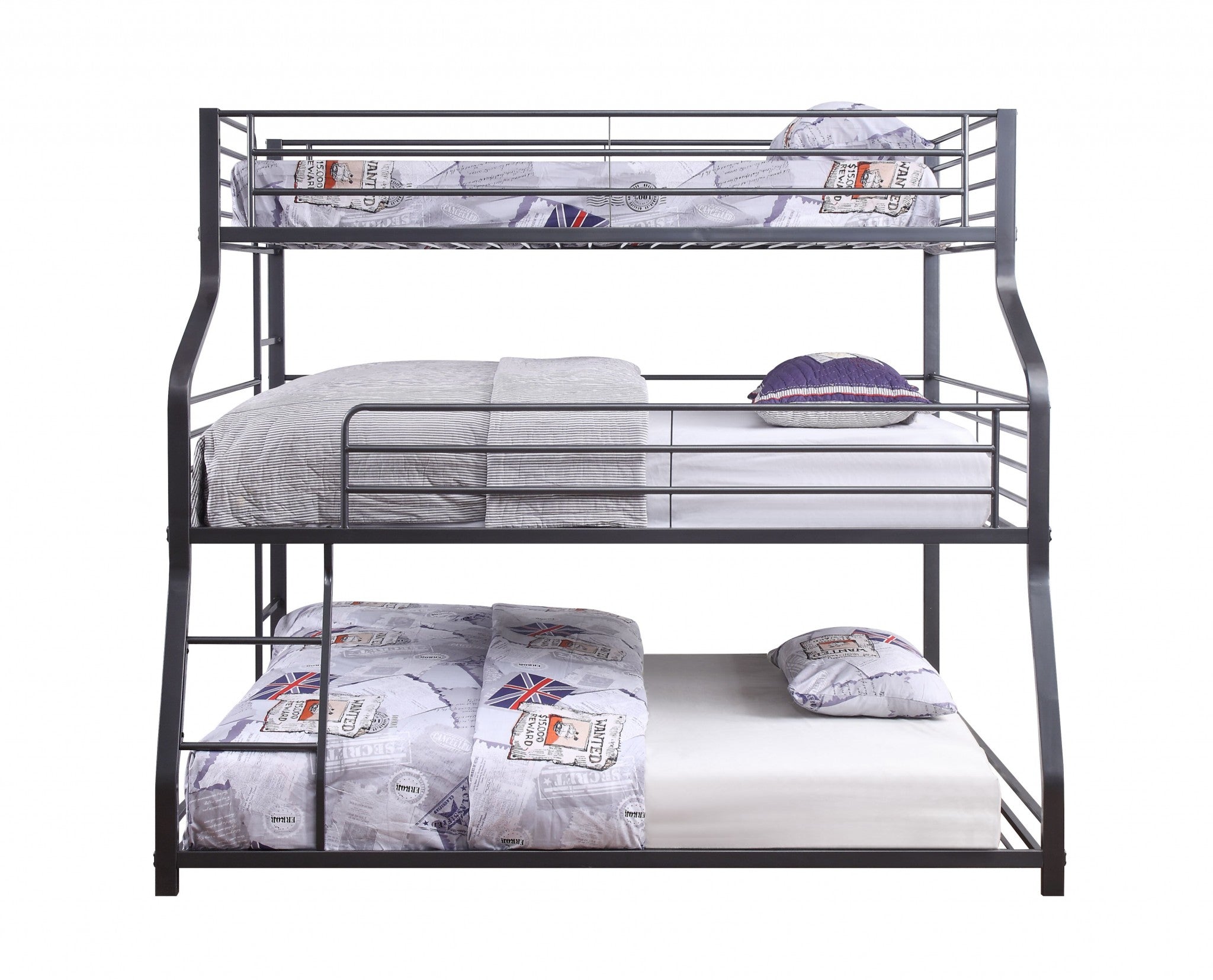 Gunmetal Metal Triple Bunk Bed featuring twin, full, and queen sizes with a sturdy metal frame and safety guardrails.