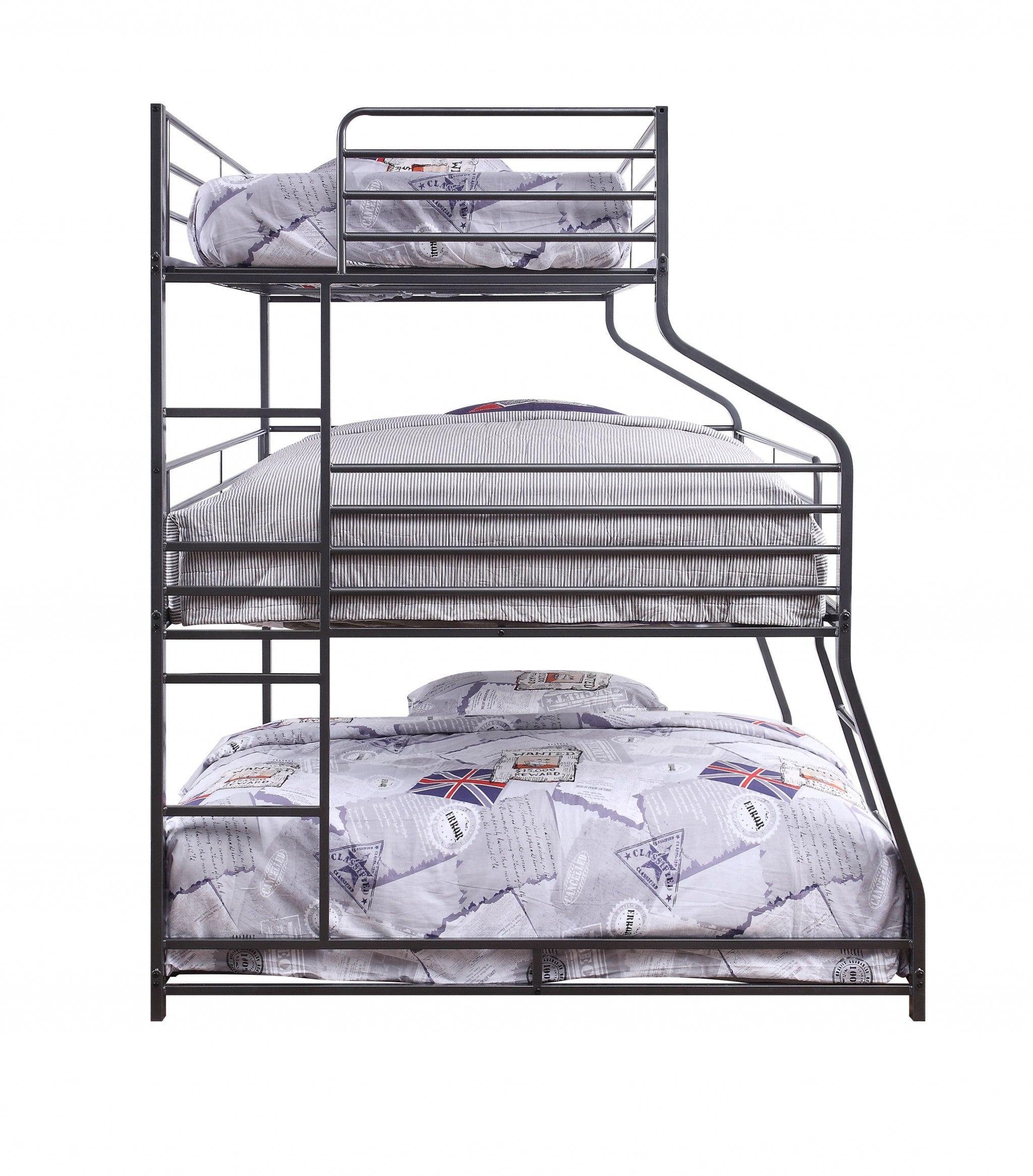 Gunmetal Metal Triple Bunk Bed featuring twin, full, and queen sizes with a sturdy metal frame and safety guardrails.