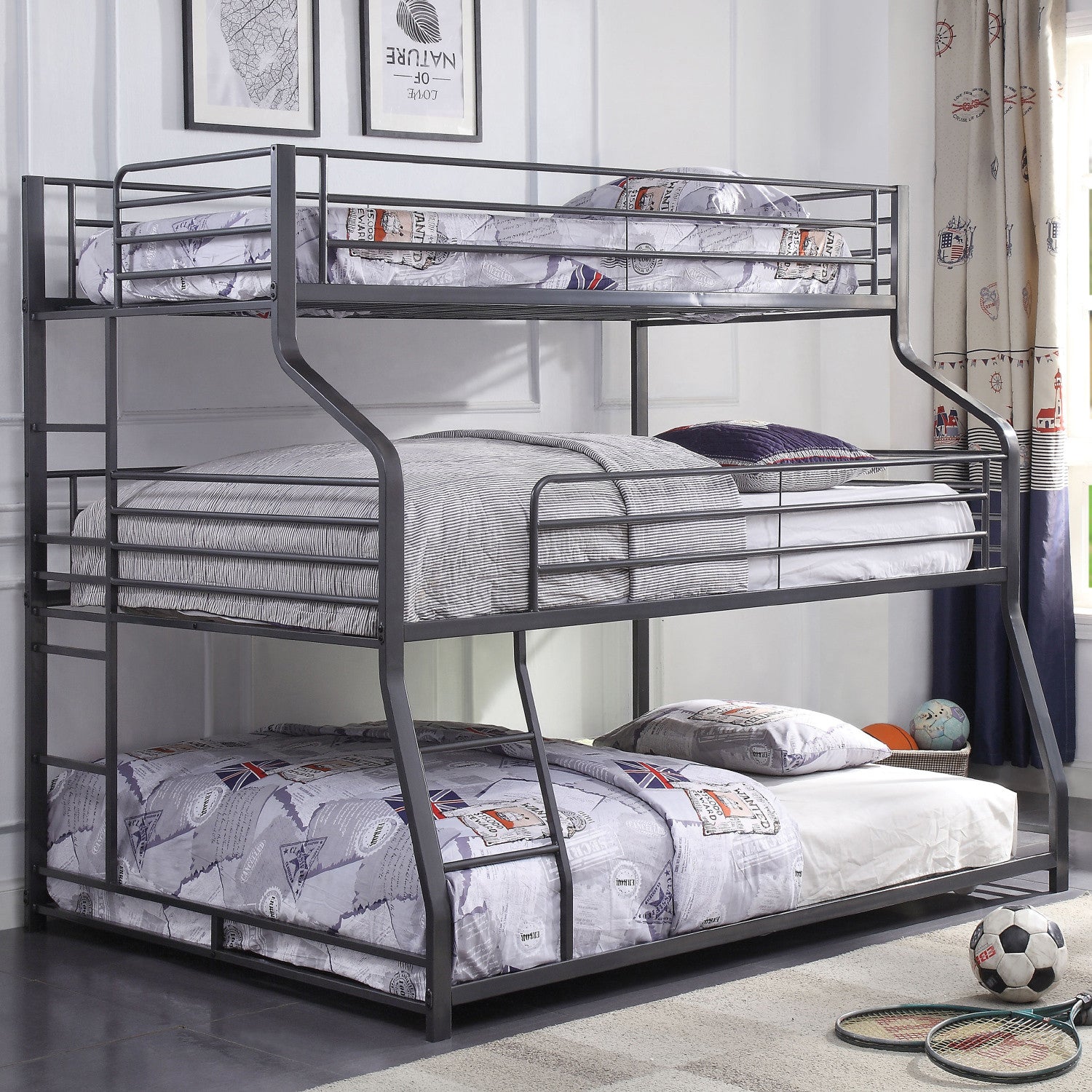 Gunmetal Metal Triple Bunk Bed featuring twin, full, and queen sizes with a sturdy metal frame and safety guardrails.