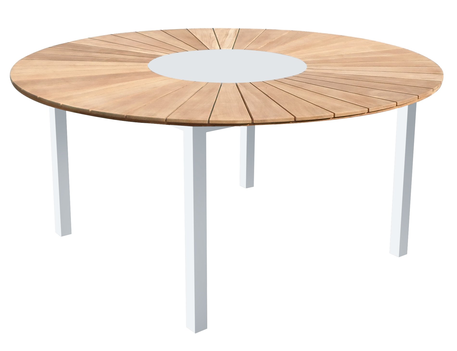 A stylish 63" X 29" white teak dining table showcasing a contemporary design with a smooth surface and elegant finish.