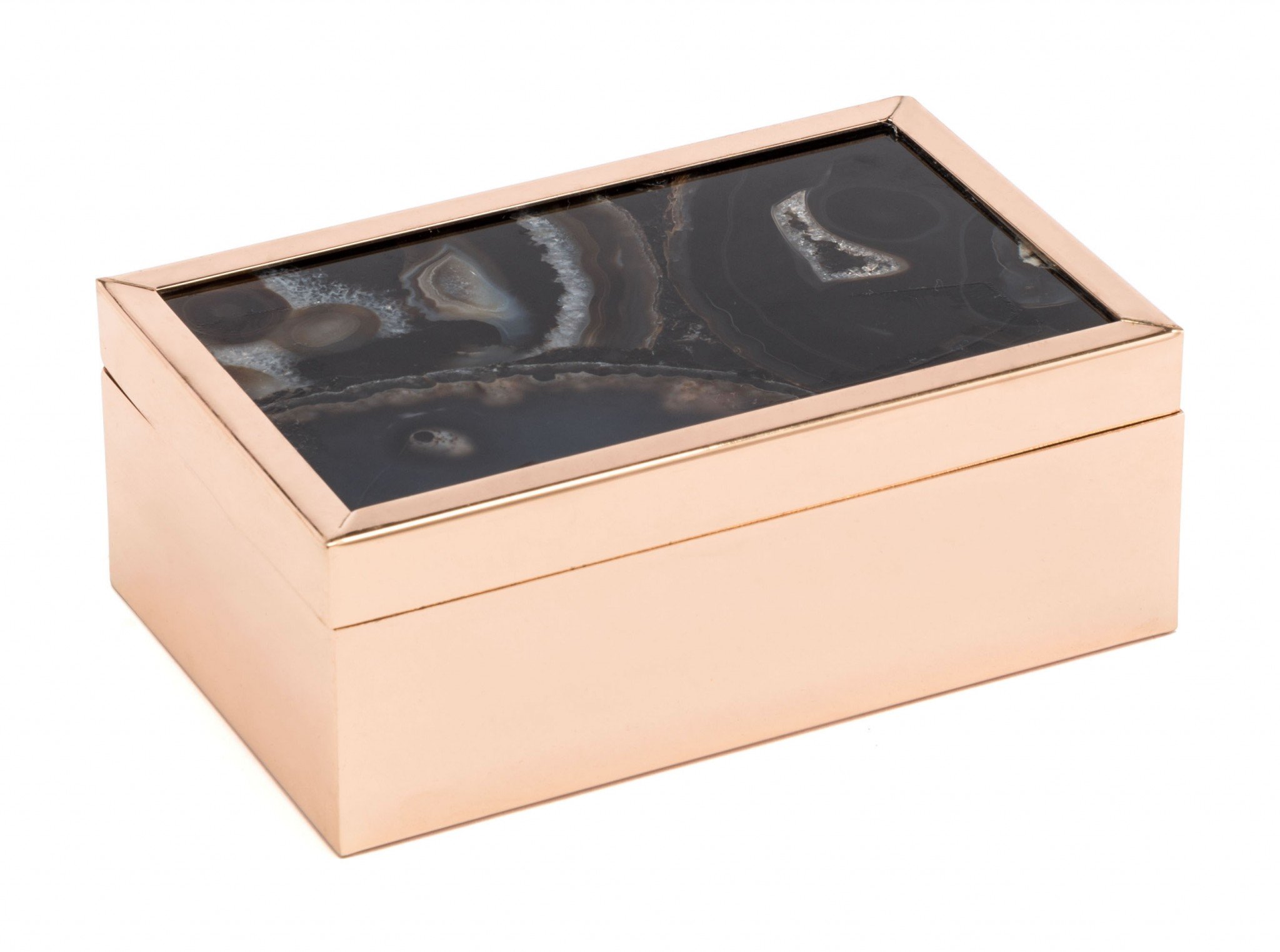 A stylish black decorative box featuring a brown sliced agate print on glass with a polished gold steel surround, perfect for home decor.