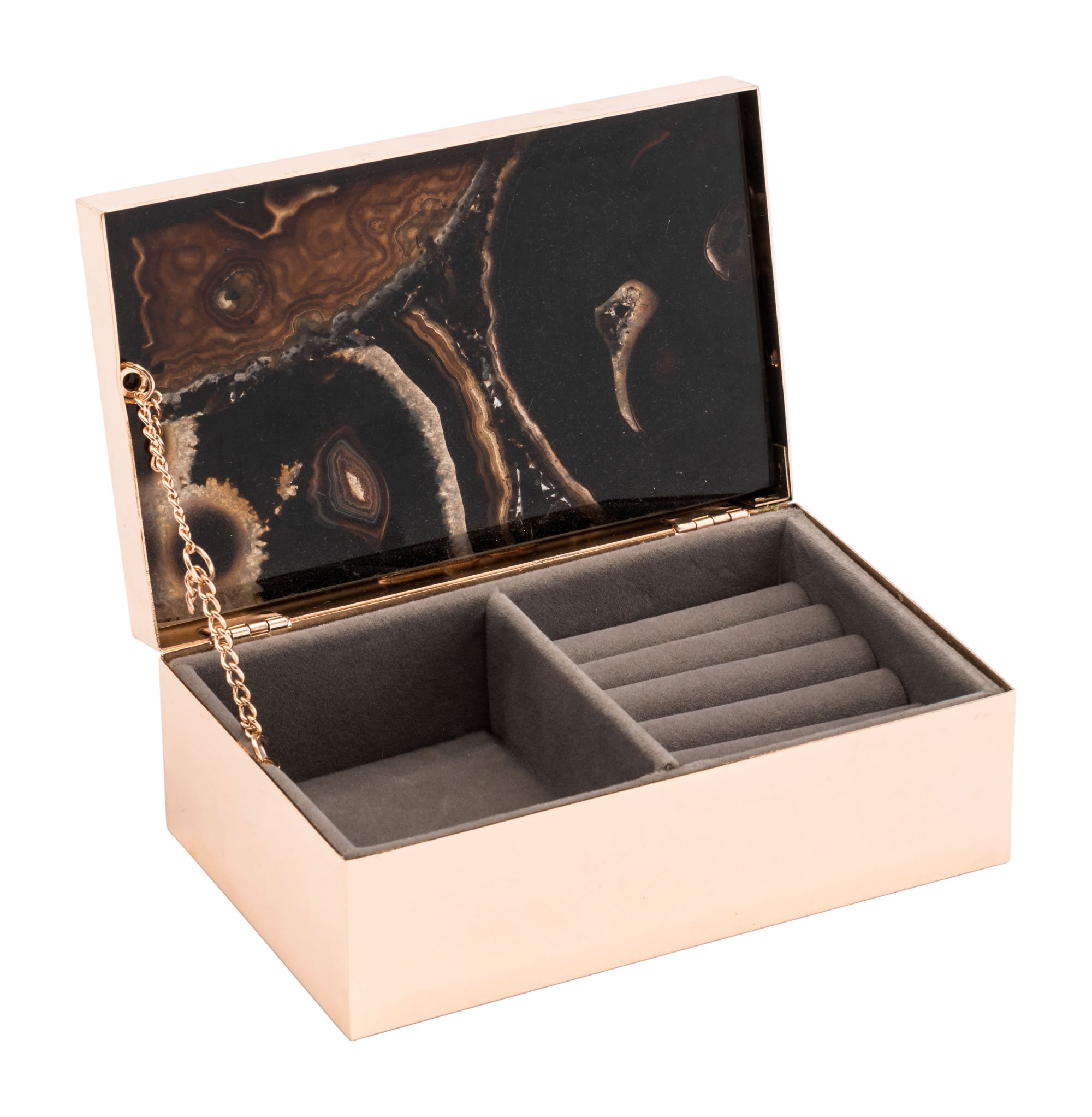 A stylish black decorative box featuring a brown sliced agate print on glass with a polished gold steel surround, perfect for home decor.