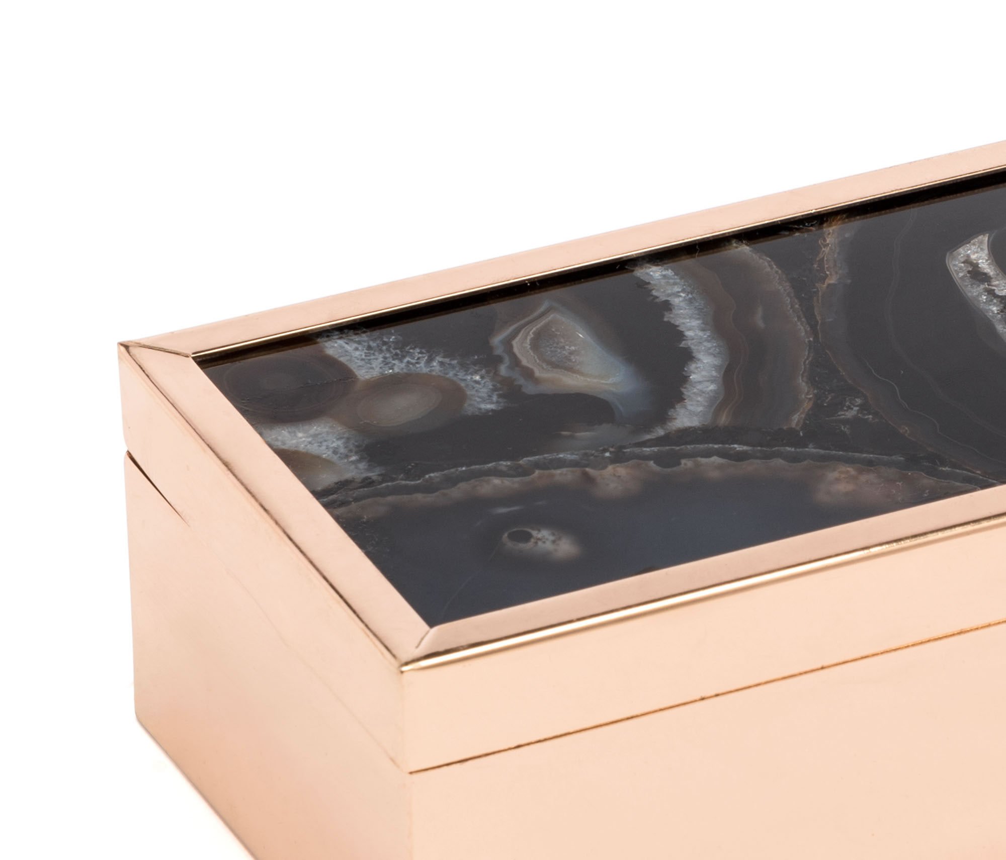 A stylish black decorative box featuring a brown sliced agate print on glass with a polished gold steel surround, perfect for home decor.